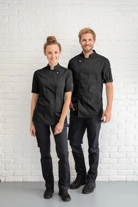 Jobeline Carter Men's Short-Sleeved Chef's Jacket, 65% Polyester 35% Cotton, Black, Breathable Mesh Inserts, Stand-up Collar, Concealed Snap Placket