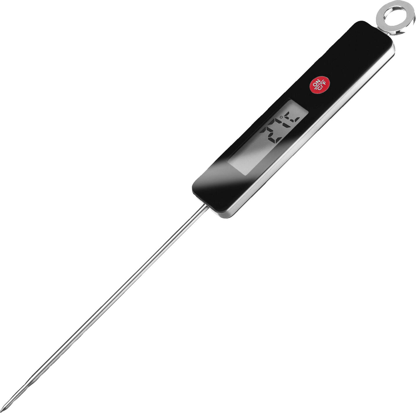 Westmark Westmark GmbH Insertion thermometer Einstichthermometer Insertion thermometer; 29 cm (L); black/silver Einstichthermometer; 29 cm (L); schwarz/silber Insertion thermometer for core temperature measurement of food. Temperature sensor 14 cm long made of stainless steel. With automatic switch-off function after five minutes. Change between °C and °F possible. Not suitable for dishwashers. Temperature range: 0 °C to 200 °C.  Delivery incl. battery (CR 2032, 3V). Einstichthermometer aus Edelstahl zur Kerntemperaturmessung von Lebensmitteln. Temperaturfühler 14 cm lang. Mit automatischer Ausschaltfunktion nach fünf Minuten. Wechsel zwischen °C und °F möglich. Nicht spülmaschinengeeignet. Temperaturbereich: 0 °C bis 200 °C. Lieferung inkl. Batterie (CR 2032, 3V).