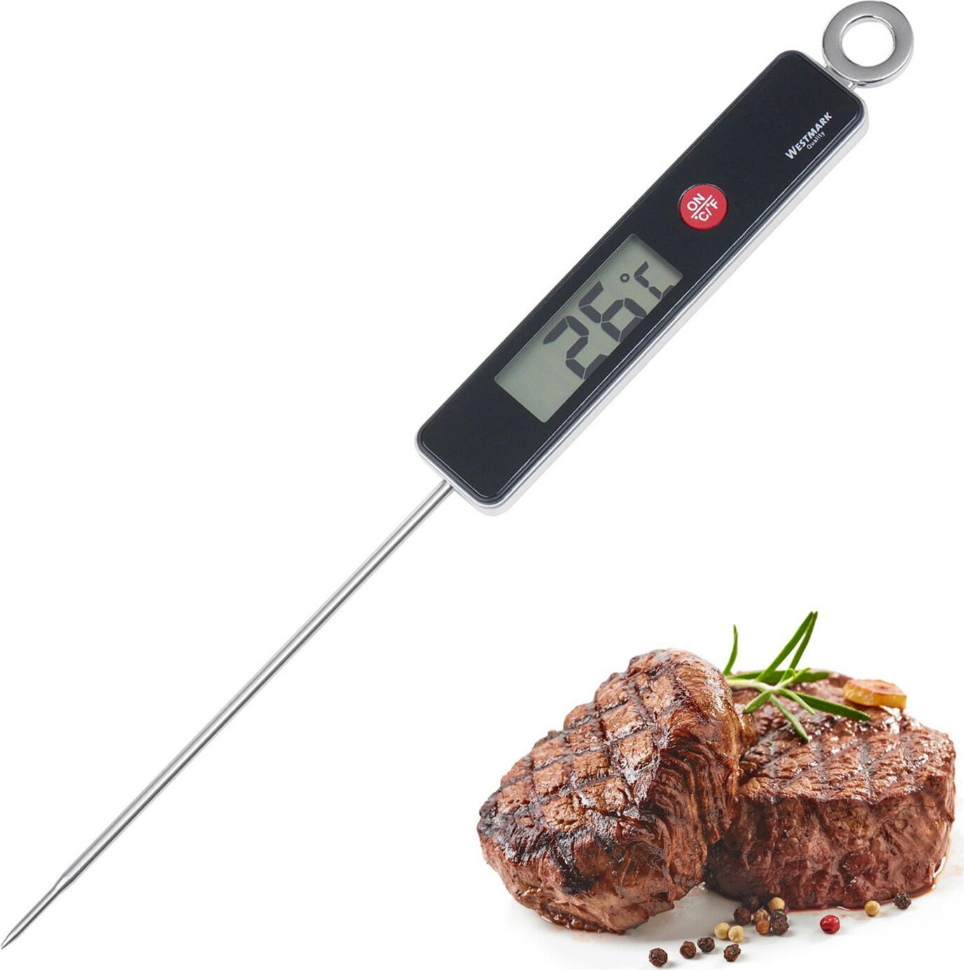 Westmark 1278 2280 Digital Insertion Thermometer, Stainless Steel Sensor 14cm, 0-200°C Range, Celsius/Fahrenheit Switch, Black/Silver
