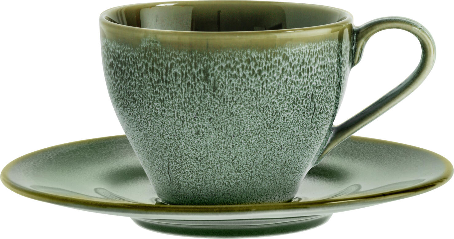 VEGA Nano Coffee Saucers, Set of 6, Green Colored Stoneware with Reactive Glaze and Irregular Edges, Round 16.5 cm Diameter, Dishwasher & Microwave Safe