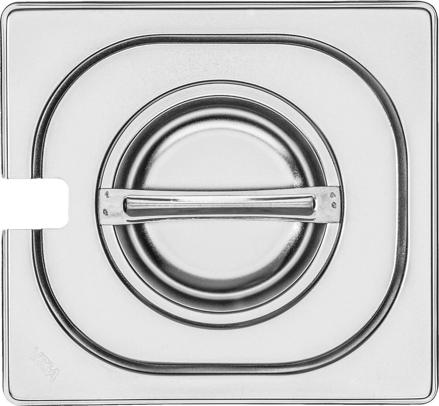 VEGA LUSINI Solutions GmbH GN lid 1/6 Premium with spoon recess GN-Deckel 1/6 Premium mit Löffelaussparung GN lid 1/6 Premium with spoon recess; GN 1/6; silver; rectangular GN-Deckel 1/6 Premium mit Löffelaussparung; GN 1/6; silber; rechteckig GN lid 1/6 made of chrome-nickel stainless steel 18/10, with spoon recess. Dishwasher safe. GN-Deckel 1/6 aus Chrom-Nickel-Edelstahl 18/10, rostfrei, mit Löffelaussparung. Spülmaschinengeeignet
