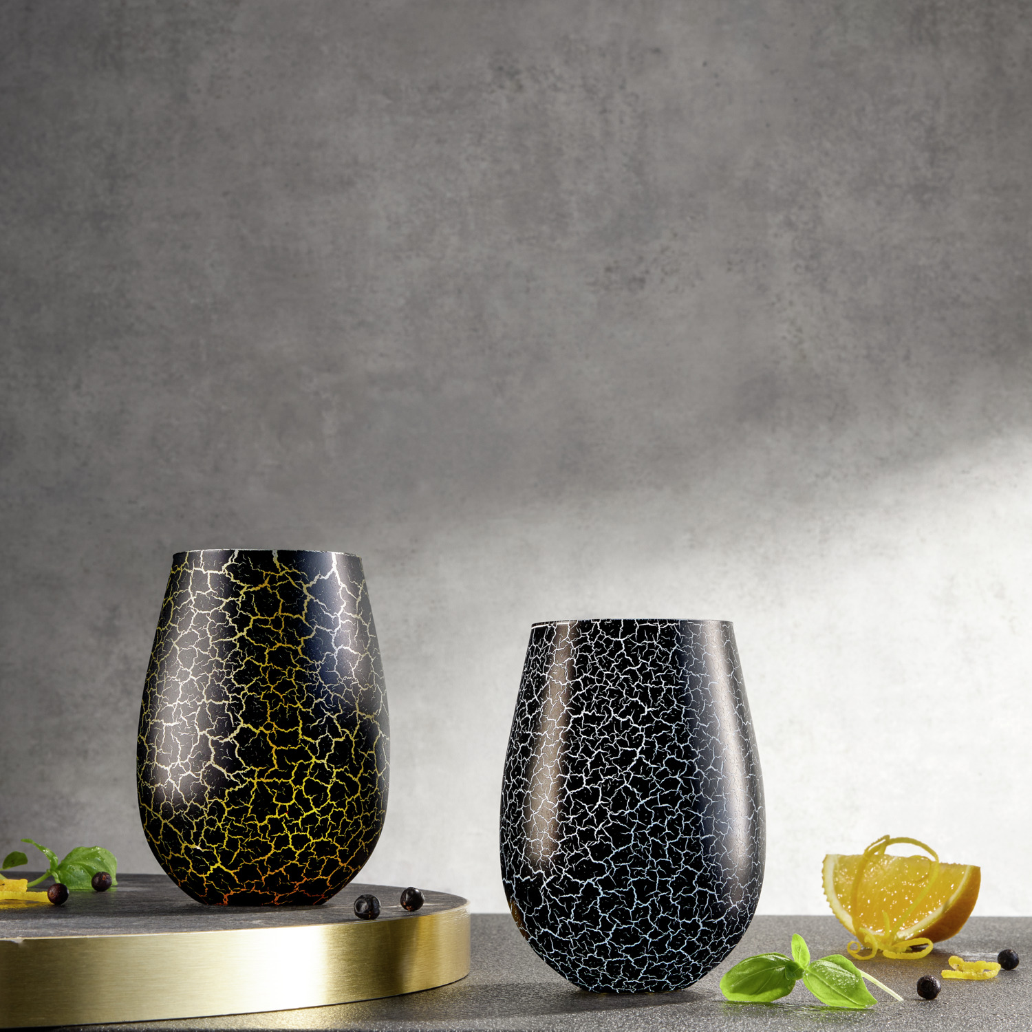 Set de 6 piese pahare universale VEGA Anela, 500 ml, lacuite cu efect craquelat, negru și auriu, diametru 8.2 cm, înălțime 12.3 cm