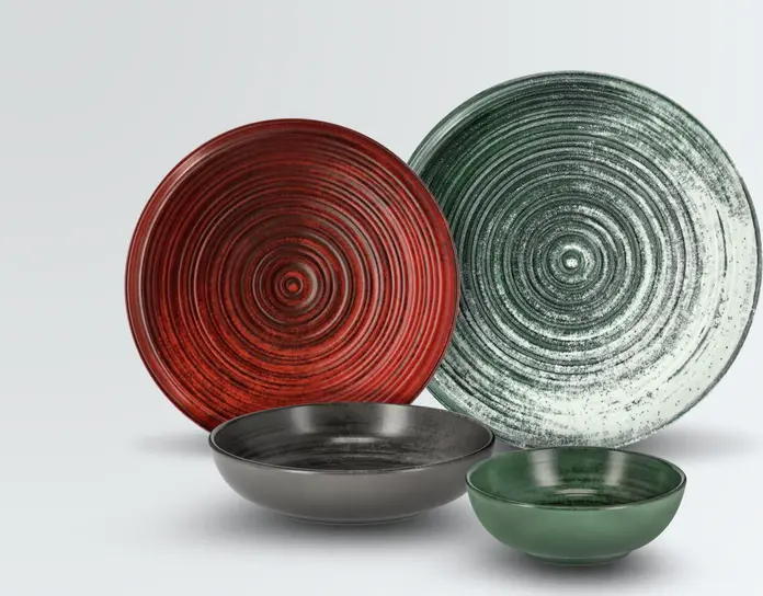 Set de 4 farfurii plate VEGA Etana, 30 cm Rotunde din Porțelan, Verde Mat, Textură cu Cercuri Concentrice, Compatibile cu Mașina de Spălat Vase și Cuptorul cu Microunde