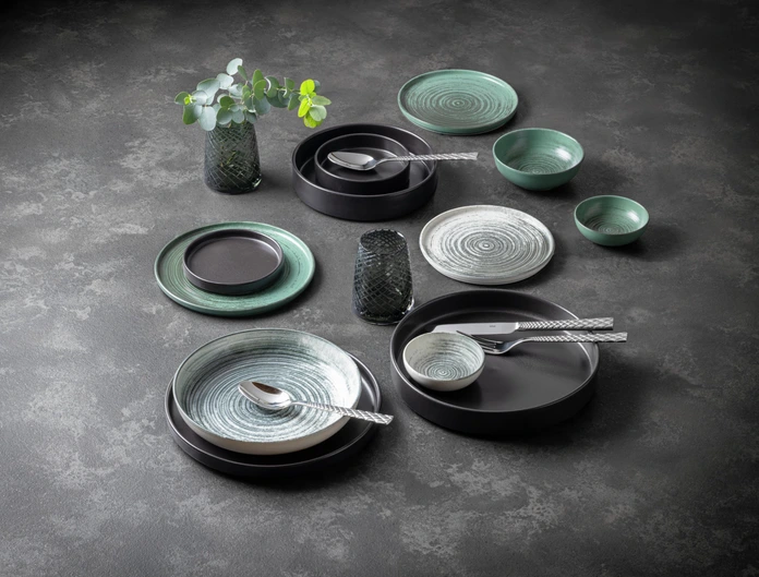 VEGA Etana Flat Plate Set of 6, 24 cm Porcelain Matte Green with Concentric Circular Ridges, Dishwasher and Microwave Safe