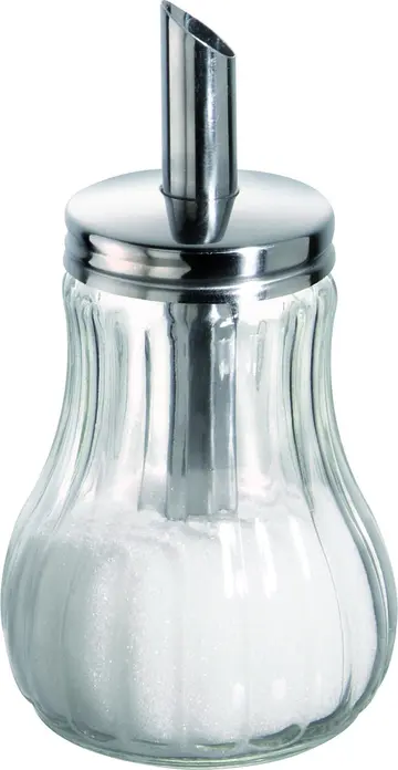 APS Assheuer + Pott Sugar Dispenser 250ml, Glass Body with 18/8 Stainless Steel Screw Lid and Integrated Dosing Tube, 8 x 15 cm