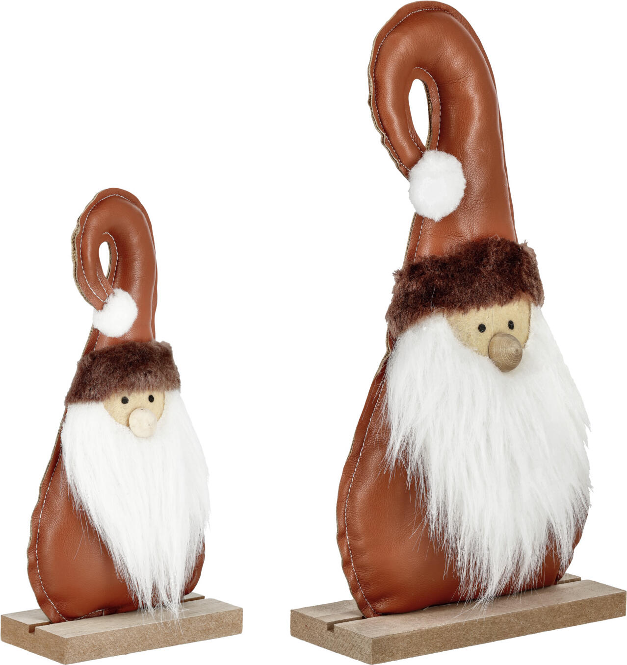 unknown LUSINI Solutions GmbH Gnome set Afrim  2 pieces Wichtel-Set Afrim  2-teilig Gnome set Afrim  2 pieces; brown/white/natural Wichtel-Set Afrim  2-teilig; braun/weiß/natur Set of two gnomes with wooden stand made of imitation leather and textile. 28 cm and 21 cm in height. Set bestehend aus zwei Wichteln mit Holzaufsteller aus Kunstleder und Textil. 28 cm und 21 cm hoch.