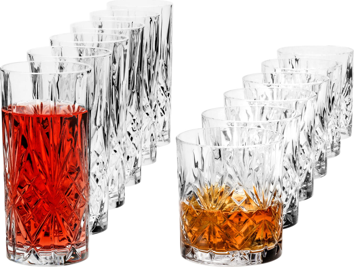 RCR RCR Cristalleria Italiana SpA Drinking glass Melodia Trinkglas Set Melodia Drinking glass Melodia; 360 ml, 8.2x15 cm (ØxH); transparent Trinkglas Set Melodia; 360 ml, 8.2x15 cm (ØxH); transparent 12-piece set of crystal whiskey and cocktail glasses (6 of each) with cut-glass look. Dishwasher safe. 12-tlg. Set aus jeweils sechs Whisky- und Cocktailgläsern aus Kristallglas in Schliff-Optik. Spülmaschinenfest.