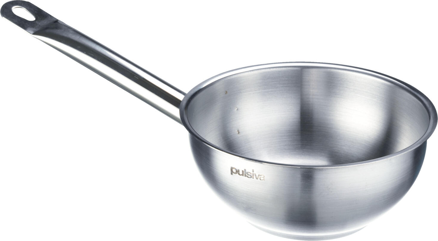 PULSIVA LUSINI Solutions GmbH Sauté pan Chef with handle Sauteuse Chef mit Stiel Sauté pan Chef with handle; 1.2 l, 16x6.5 cm (ØxH); silver Sauteuse Chef mit Stiel; 1.2 l, 16x6.5 cm (ØxH); silber Cooking pot made of chrome-nickel stainless steel 18/0, rustproof, matt brushed. Extra strong design. Strong stainless steel base in sandwich technique, with 6 mm aluminium core. Spot-welded, solid handles. With pouring rim. Available in different sizes. Suitable for all hob types. Supplied without lid. Kochtopf aus Chrom-Nickel-Edelstahl 18/0, rostfrei, matt gebürstet. Extra starke Ausführung. Starker Edelstahlboden in Sandwich-Technik, mit 6 mm Aluminiumkern. Punktgeschweißte, massive Griffe. Mit Schüttrand. In unterschiedlichen Größen erhältlich. Geeignet für alle Herdarten. Lieferung ohne Deckel.