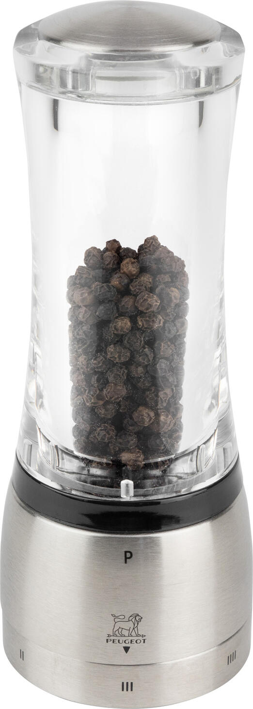Peugeot Peugeot Saveurs SNC Pepper mill Daman Pfeffermühle Daman Pepper mill Daman; 16 cm (H); silver/transparent Pfeffermühle Daman; 16 cm (H); silber/transparent The Daman pepper and salt mills with the patented U'Select technology are an eye-catcher for the table setting and emphasize the modern design with their simple and puristic shape. The Daman model is equipped with two other special features: the stainless steel lid that closes the mill's storage chamber is held in place with magnets and, for the first time, there is no axis from the mill's head to the grinder, so the entire transparent mill body can be used for storage. Like the entire u'Select range, the Daman spice mill has 6 grind settings. The grinding mechanism of the Peugeot salt mill is designed for grinding coarse, dry salt. Made of stainless steel, this will not be affected by corrosion from salt. Which salt to use? For optimal operation of the Peugeot salt grinder, we recommend using grains of salt with a diameter of about 4 mm (coarse, dry salt: sea salt or rock salt. Die Pfeffer- und Salzmühlen Daman mit der patentierten U‘Select Technik sind einen Blickfang für den gedeckten Tisch und unterstreichen mit ihrer schlichten und puristischen Form das moderne Design. Das Modell Daman ist mit zwei weiteren Besonderheiten ausgestattet: der Edelstahl-Deckel, der die Vorratskammer der Mühle schließt, wird mit Magneten gehalten und erstmals gibt es keine Achse vom Kopf der Mühle bis zum Mahlwerk, somit kann der gesamte transparente Mühlenkörper für die Bevorratung genutzt werden. Wie die gesamte u'Select-Reihe, hat auch die Daman-Gewürzmühle 6 Mahlgradeinstellungen. Das Mahlwerk der Peugeot- Salzmühle wurde zum Mahlen von grobem, trockenem salz konzipiert. Durch die Fertigung aus nicht rostendem Stahl, wird dieses von der Korrosion durch Salz nicht beeinträchtigt. Welches Salz ist zu verwenden? Für den optimalen Betrieb des Peugeot-Salzmahlwerks empfehlen wir die Verwendung von Salzkörnern mit einem Durchmesser von ca. 4 mm (grobes, trockenes Salz: Meersalz oder Steinsalz.