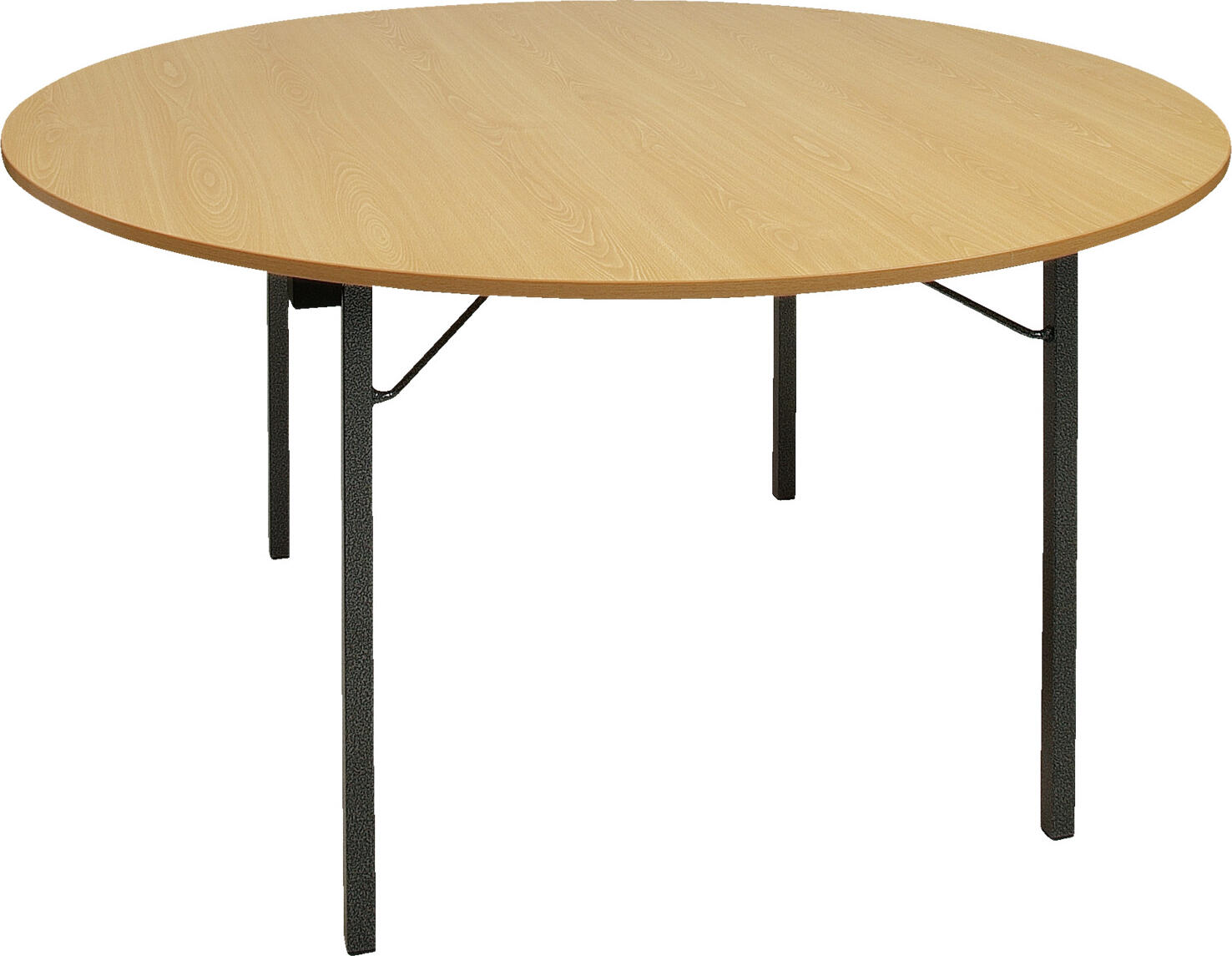 PULSIVA LUSINI Solutions GmbH Banquet table round Bankett Tisch rund Banquet table round; 74x150 cm (HxØ); Table top beech natural, base grey; round Bankett Tisch rund; 74x150 cm (HxØ); Platte buche natur, Gestell grau; rund Round banquet table made of sturdy, powder-coated tubular steel with a hammered look and table top made of a melamine-coated wood-based panel with all-round 2 mm thick, impact-resistant ABS edge. Folding table for space-saving storage. Stable, with many possible combinations. Easy to clean and robust. Particularly impact and scratch resistant. Suitable for indoor use only. Runder Bankett-Tisch aus stabilem, pulverbeschichtetem Stahlrohr in Hammerschlag-Optik und Tischplatte aus einer melaminbeschichteten Holzwerkstoffplatte mit umlaufender 2 mm starken, stoßfesten ABS-Kante. Klappbarer Tisch zum platzsparenden Verstauen. Sicherer Stand, dazu viele Kombinationsmöglichkeiten. Pflegeleicht und robust. Besonders stoß- und kratzfest. Nur für den Innenbereich geeignet.