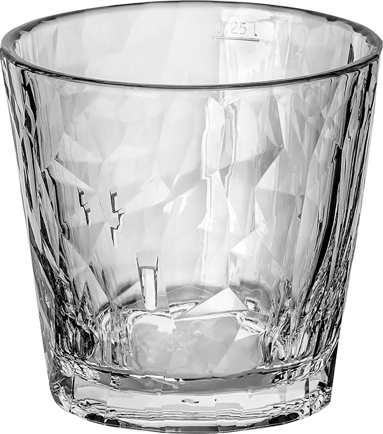 koziol koziol »ideas for friends GmbH Drinking glass Lowball Club No. 22 Superglas, stackable, wit Trinkglas Lowball Club No. 22 Superglas  stapelbar mit Eichs Drinking glass Lowball Club No. 22 Superglas, stackable, with filling line; 300 ml, 8.7 cm (H); transparent; 0.25 l Filling line, 2 piece / pack Trinkglas Lowball Club No. 22 Superglas  stapelbar mit Eichstrich; 300 ml, 8.7 cm (H); transparent; 0.25 l Eichstrich, 2 Stück / Pack The Superglas is made from shatterproof, high-tech plastic in an attractive faceted design with a conical shape. Complies with legal requirements for all areas where glass is prohibited. Insulates four times better than conventional glass. Shock-resistant, stackable, recyclable, microwave-safe, dishwasher-safe up to a maximum of 70 °C; wash new glasses at over 80 °C for the first time; pH-neutral detergents and a special rinse aid for plastic glasses are recommended. Customisation with your chosen logo – including all-round printing – is available from 100 pieces using the Luxury Print process. For orders of 250 pieces or more, your logo can also be applied using the pad printing process. Or would you like your own custom colour? – We’d be happy to produce this for you from as little as 500 pieces. Das Superglas besteht aus unzerbrechlichem Hightech-Kunststoffmaterial in attraktiven Facettendesign in konischer Form. Erfüllt die gesetzlichen Vorgaben für alle Bereiche mit Glasverbot. Isoliert viermal besser als herkömmliches Glas. Stoßfest, stapelbar, recyclebar, mikrowellengeeignet, spülmaschinengeeignet bis max. 70 °C, neue Gläser erstmals über 80 °C spülen, pH-neutrale Reinigungsmittel und speziellen Klarspüler für Kunststoffgläser empfohlen. Eine Veredelung mit Ihrem Wunsch Logo, gern auch als Rundumdruck ist ab 100 Stück mit dem Luxury Print Verfahren möglich. Ab 250 Stück ist Ihr Logo auch im Tampondruckverfahren möglich. Oder Sie wünschen eine eigene Sonderfarbe? - Diese setzen wir gern bereits ab 500 Stück für Sie um.
