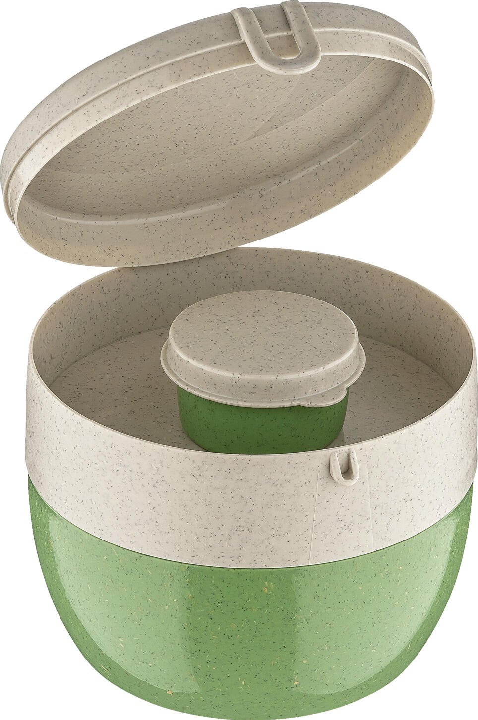 Set de 3 piese containere reutilizabile koziol Riviera Bentobox M, plastic biocircular si fibre de lemn, rezistente la cuptorul cu microunde, verde
