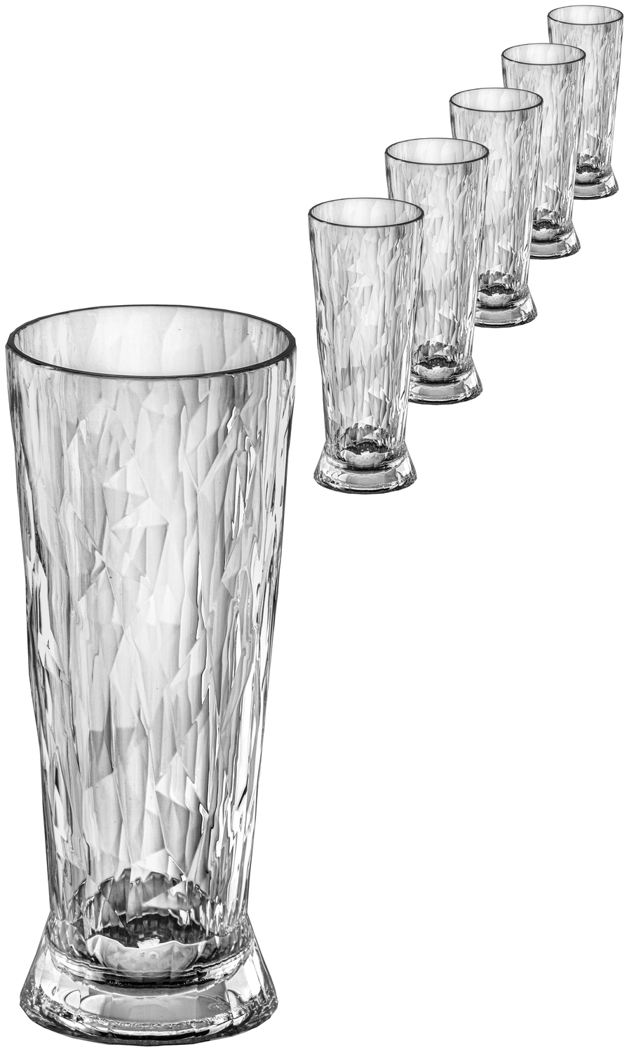 Pahar de bere Koziol Bier Club No. 10 Superglas, plastic rezistent la spargere, facetat, 410 ml, transparent, set de 12 piese