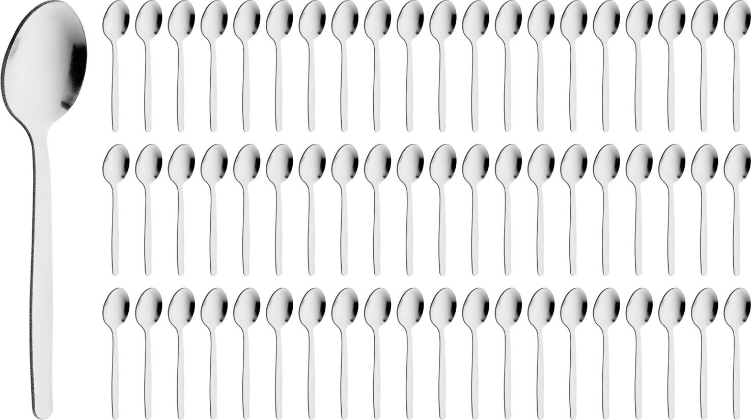 PULSIVA LUSINI Solutions GmbH Value pack mocha/espresso spoon Basic Spar-Pack Mokka-/Espressolöffel Basic Value pack mocha/espresso spoon Basic; 10.5 cm (L); silver; 60 piece / pack Spar-Pack Mokka-/Espressolöffel Basic; 10.5 cm (L); silber; 60 Stück / Pack 18/0 stainless steel, rustproof. The 60-piece set consists of robust espresso spoons with a material thickness of 1.5 mm (measured at the thickest point of the dinner fork). The matt polished surface ensures a discreet look. The spoons are designed for use in commercial kitchens and at events. They are perfect for espresso, mocha, small desserts or side dishes. This economy pack provides you with a cost-effective solution for consistent quality and a uniform appearance. * Set: 60 espresso spoons * Dishwasher-safe - easy cleaning * Ideal for espresso, desserts and small portions * Perfect for canteens, catering and gastronomy Chrom-Edelstahl 18/0, rostfrei. Das 60-teilige Set besteht aus robusten Espressolöffeln mit einer Materialstärke von 1,5 mm (gemessen an der stärksten Stelle der Menügabel). Die mattpolierte Oberfläche sorgt für eine dezente Optik. Die Löffel sind für den  Einsatz in Großküchen und bei Events konzipiert. Sie eignen sich perfekt für Espresso, Mokka,  kleine Desserts oder Beilagen. Mit diesem Spar Pack erhalten Sie eine kosteneffiziente Lösung für gleichbleibende Qualität und ein einheitliches Erscheinungsbild. * Set: 60 Espressolöffel * Spülmaschinengeeignet – einfache Reinigung * Ideal für Espresso, Desserts und kleine Portionen * Perfekt für Kantinen, Catering und Gastronomie
