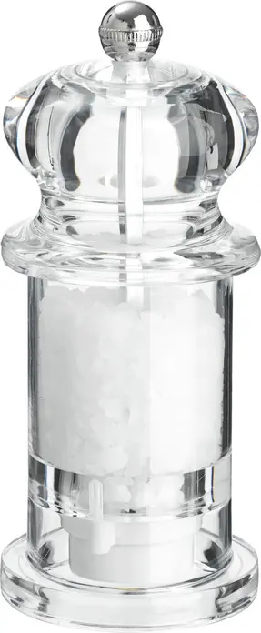 Râșniță de sare VEGA Walker round, din sticlă acrilică transparentă cu mecanism ceramic, diametru 6 cm, înălțime 13.5 cm, durabilă și ușor de umplut