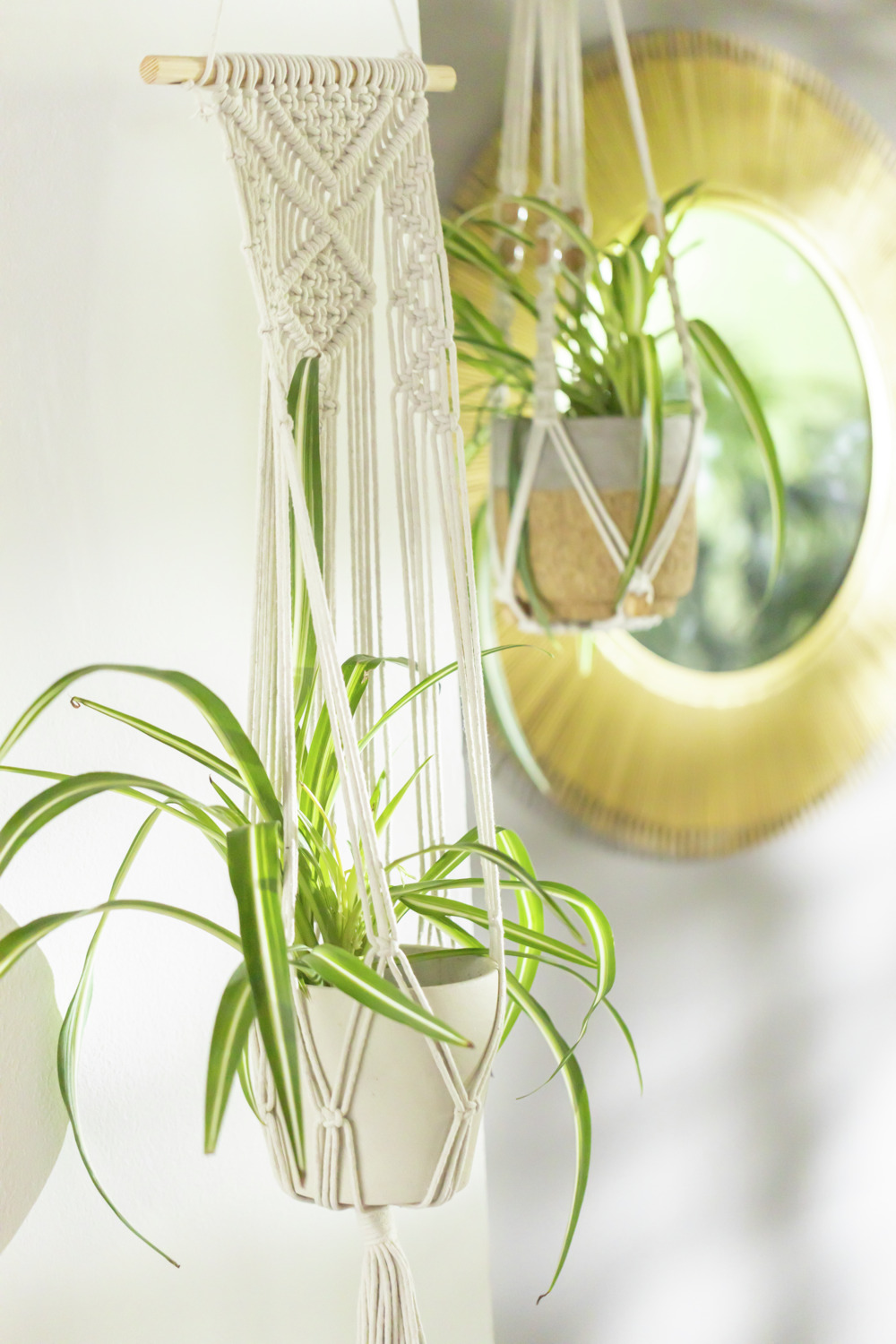 Coasac Hanging Basket Vega Tamaki, Suport Agornat din Bumbac Macrame, cu Tija de Lemn, Alb Crem, 90 x 20 cm