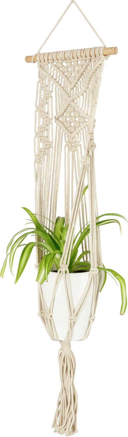 Coasac Hanging Basket Vega Tamaki, Suport Agornat din Bumbac Macrame, cu Tija de Lemn, Alb Crem, 90 x 20 cm