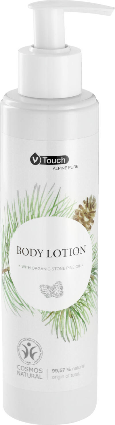 V-Touch LUSINI Solutions GmbH Hotel body lotion Alpine Pure pump dispenser Hotel Bodylotion Alpine Pure Pumpspender Hotel body lotion Alpine Pure pump dispenser; 240 ml; white; 6 piece / pack Hotel Bodylotion Alpine Pure Pumpspender; 240 ml; weiß; 6 Stück / Pack Revitalising, nourishing body lotion V-Touch Alpine Pure. Certified natural cosmetics with guaranteed genuine organic Swiss stone pine oil from certified organic farming.  The body lotion with its aromatic, woody Swiss stone pine fragrance has a nourishing, regenerating effect on body and soul, stimulating and harmonising blood circulation. Apply a thin layer to the skin after showering or bathing. The practical pump dispenser can be refilled easily and flexibly. Dermatologically tested and pH-neutral! The body lotion complements the V-Touch Alpine Pure hotel cosmetics range, order the matching V-Touch Alpine Pure bath/shower gel at the same time. The pump dispenser is made from 100% recycled material and is refillable. Contents: 140 ml or 240 ml pump dispenser. Make it your product: V-Touch Alpine Pure item available with customised label from 200 pieces. Do not use for children under 3 years! Do not get in eyes and do not apply undiluted to mucous membranes! Discontinue use immediately if skin irritation occurs! Revitalisierende, pflegende Körperlotion V-Touch Alpine Pure. Zertifizierte Naturkosmetik mit garantiert echtem BIO Zirben Öl aus kontrolliert biologischer Landwirtschaft.  Die Bodylotion  mit aromatisch holzigem Zirben Duft, ist pflegend wirkt sich regenerierend auf Körper und Seele aus, die Durchblutung anregt und harmonisiert. Zur Pflege nach dem Duschen oder Baden  dünn auf die Haut auftragen. Der praktische Pumpspender lässt sich einfach und flexibel nachfüllen. Dermatologisch getestet und pH-neutral! Die Bodylotion ergänzt die Hotelkosmetikserie V-Touch Alpine Pure , passendes Bade-/Duschgel V-Touch Alpine Pure  gleich mitbestellen. Der Pumpspender ist aus 100 % recyceltem Material und nachfüllbaren. Inhalt: 140 ml oder 240 ml Pumpspender. Machen Sie es zu Ihrem Produkt:  V-Touch Alpine Pure Artikel mit individuellem Etikett ab 200 Stück erhältlich Nicht für Kinder unter 3 Jahren verwenden! Nicht in die Augen und unverdünnt nicht auf Schleimhäute bringen! Bei etwaigem Auftreten von Hautreizungen sofort absetzen!