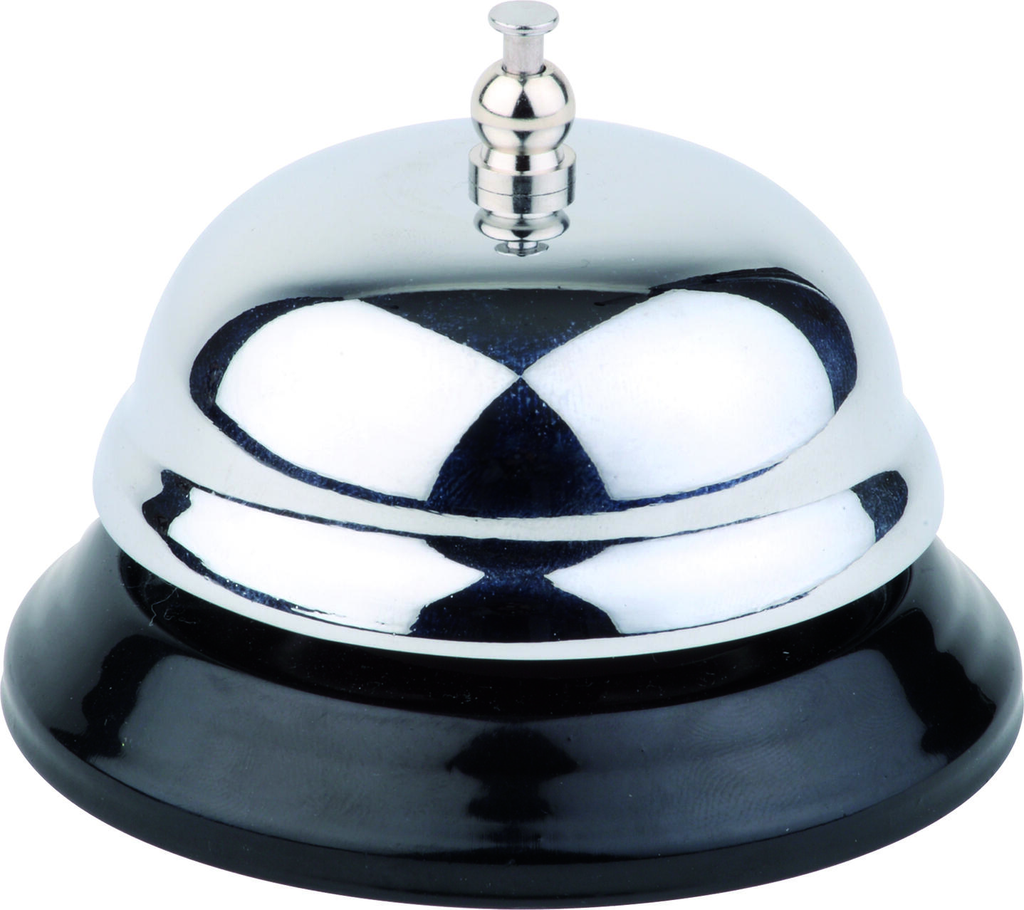APS Reception Bell, Mirror Polished Stainless Steel, 8.5 cm Diameter, High-Gloss Chrome Finish with Round Black Metal Base for Hotels and Gastronomy