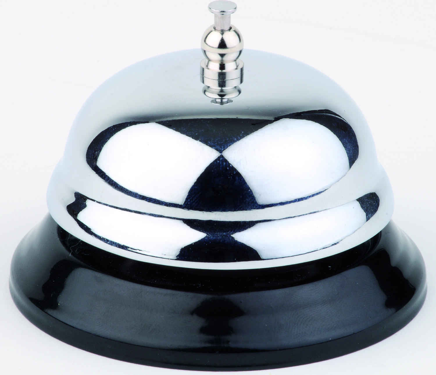 APS Reception Bell, Mirror Polished Stainless Steel, 8.5 cm Diameter, High-Gloss Chrome Finish with Round Black Metal Base for Hotels and Gastronomy