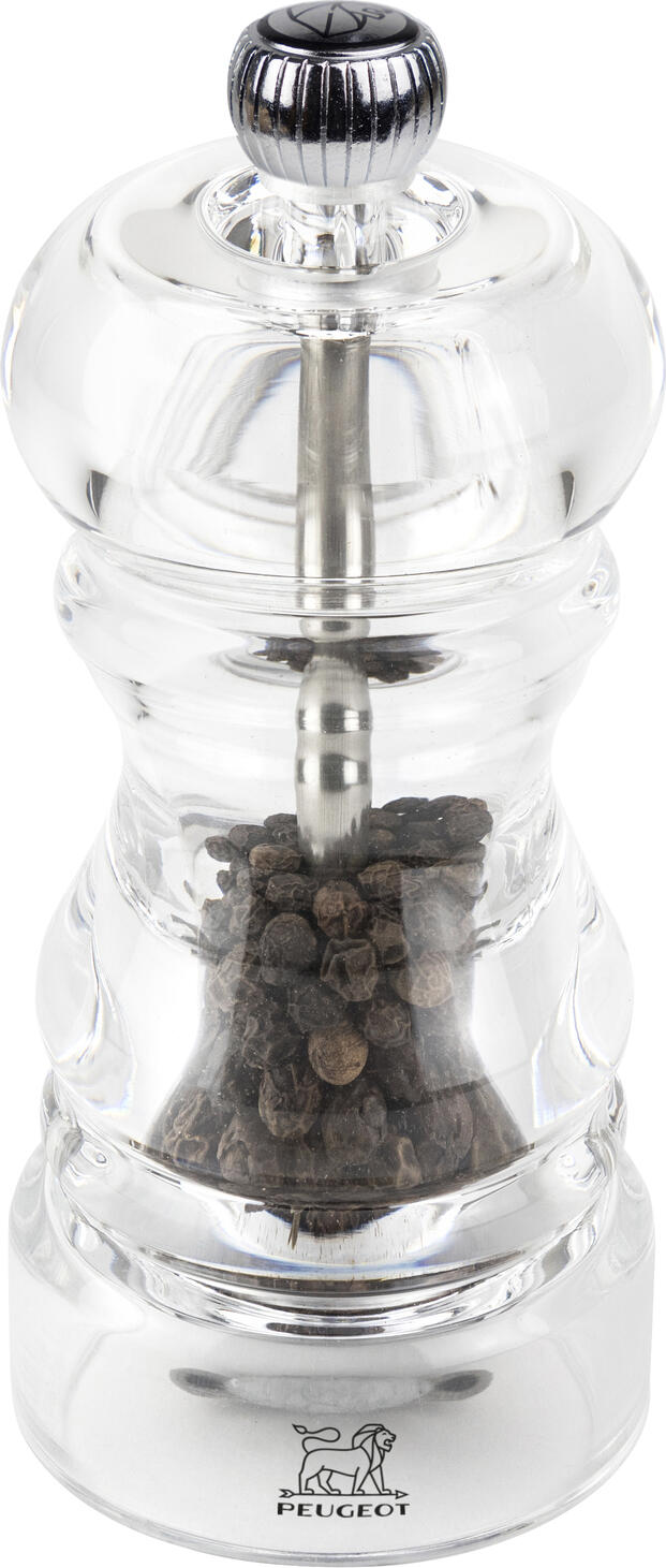Peugeot Peugeot Saveurs SNC Pepper mill Nancy Pfeffermühle Nancy Pepper mill Nancy; 12 cm (H); transparent; 6 piece / pack Pfeffermühle Nancy; 12 cm (H); transparent; 6 Stück / Pack The Nancy mill belongs to the classic and timeless line of Peugeot. It is a manual grinder with a knob to adjust the grind on top of the grinder: the more you tighten the knob, the finer the grind and vice versa. The transparent body allows you to quickly see the contents and the amount of filling. The Nancy comes in 9, 12, 18 and 22 cm. Therefore, they are perfect for use in the kitchen. Die Nancy Mühle gehört zur klassischen und zeitlosen Linie von Peugeot. Es handelt sich um eine manuelle Mühle mit einem Drehknopf zum Einstellen des Mahlgrads oben auf der Mühle: Je mehr man den Drehknopf anzieht, desto feiner der Mahlgrad und umgekehrt. Der transparente Korpus ermöglicht das schnelle Erkennen des Inhaltes und der Füllmenge. Die Nancy gibt es in 9, 12, 18 und 22 cm. Daher eignen sie sich perfekt für den Gebrauch in der Küche.