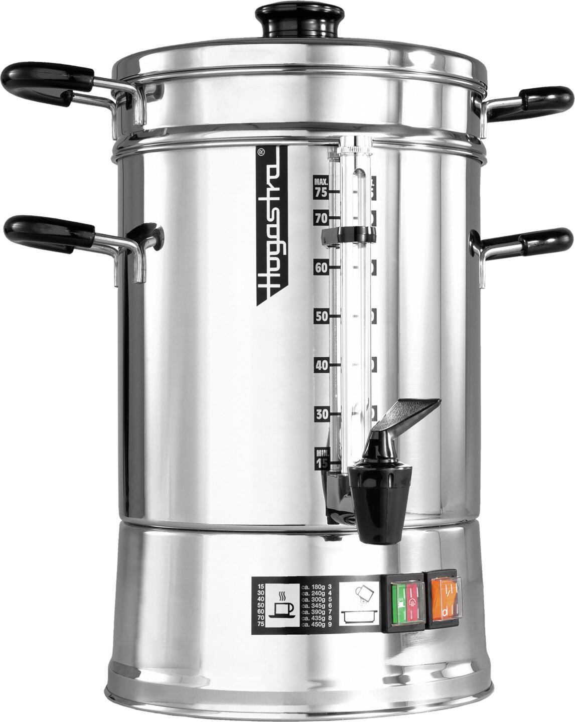 Hogastra Hogastra GmbH Coffee machine CNS-75 Kaffee-Automat CNS-75 Coffee machine CNS-75; 9.5 l, 24x48 cm (ØxH); silver/black Kaffee-Automat CNS-75; 9.5 l, 24x48 cm (ØxH); silber/schwarz Stainless steel coffee brewer CNS 75 for gastronomy & catering - maintenance-free, robust & aromatic Discover the perfect combination of traditional brewing skills and modern durability! Our professional CNS 75 stainless steel coffee brewer has been specially developed for use in commercial kitchens, restaurants, bakeries and catering establishments - for full coffee enjoyment, simple operation and maximum reliability. High quality - for perfect coffee enjoyment The traditional brewing method at 95 °C without pressure build-up guarantees a full, round flavour - just like hand-brewed coffee. Thanks to the constant heat retention temperature of approx. 83 °C, the coffee remains fresh and aromatic for hours - ideal for continuous serving. The CNS 75 is specified for a coffee volume of 2.0 - 9.5 litres. The brewing time for 75 cups is approx. 40 minutes. * Seamless, polished stainless steel containers - hygienic, easy to clean and extremely robust. * Maintenance-free: no expensive follow-up costs, no sensitive electronics. * Stable stainless steel base with insulated handles for maximum safety. * Separate heating elements for brewing and keeping warm - efficient and energy-saving. Practical details that make the difference * Double function: brewing and keeping warm in one appliance. * Non-drip tap with level glass - easy to read the remaining quantity. * Internal water level indicator - convenient filling. * Stainless steel top filter with micro-fine filter disc - no filter paper required! * Automatic boil-dry protection and safety thermal limit switch for worry-free operation. * Splash-proof, GS and CE certified - approved for professional commercial kitchen use. * 2-year guarantee and 10-year spare parts supply via our central service centre. Flexible & mobile Thanks to its robust construction and splash-proof design, the coffee brewer can also be used outdoors - perfect for events, buffets or catering. Advantages at a glance: * Maintenance-free & durable * Brewing and keep-warm function in one appliance * No filter papers required * Ideal for gastronomy, commercial kitchens & catering * Safe and mobile Edelstahl-Kaffeebrüher CNS 75 für Gastronomie & Catering – wartungsfrei, robust & aromastark Entdecken Sie die perfekte Kombination aus traditioneller Brühkunst und moderner Langlebigkeit! Unser professioneller Edelstahl-Kaffeebrüher CNS 75 wurde speziell für den Einsatz in Großküchen, Gastronomie, Bäckereien und Cateringbetrieben entwickelt – für vollen Kaffeegenuss, einfache Bedienung und höchste Zuverlässigkeit. Hochwertige Qualität – für perfekten Kaffeegenuss Die traditionelle Brühweise bei 95 °C ohne Druckaufbau garantiert ein volles, rundes Aroma – ganz wie handgebrüht. Dank der konstanten Warmhaltetemperatur von ca. 83 °C bleibt der Kaffee über Stunden hinweg frisch und aromatisch – ideal für den durchgehenden Ausschank. Der CNS 75 ist für ein Kaffeevolumen von 2,0- 9,5 Liter angegeben. Die Brühzeit beträgt für 75 Tassen ca. 40 Minuten. * Nahtlos gezogene, polierte Edelstahl-Behälter – hygienisch, pflegeleicht und extrem robust. * Wartungsfrei: Keine teuren Folgekosten, keine empfindliche Elektronik. * Standsicherer Gerätesockel aus Edelstahl mit isolierten Griffen für maximale Sicherheit. * Separate Heizelemente für Brühen und Warmhalten – effizient und energiesparend. Praktische Details, die den Unterschied machen * Doppelfunktion: Brühen und Warmhalten in einem Gerät. * Non-Drip-Hahn mit Pegelglas – leichtes Ablesen der Restmenge. * Innenliegende Wasserstandsanzeige – komfortables Befüllen. * Edelstahl-Aufsatzfilter mit Micro-Feinfilterscheibe – kein Filterpapier nötig! * Automatischer Trockengehschutz und Sicherheits-Thermoendschalter für sorgenfreien Betrieb. * Spritzwassergeschützt, GS- und CE-zertifiziert – zugelassen für den professionellen Großkücheneinsatz. * 2 Jahre Garantie und 10 Jahre Ersatzteilversorgung über unseren Zentral-Service. Flexibel & mobil Dank der robusten Bauweise und der spritzwassergeschützten Ausführung ist der Kaffeebrüher auch im Freien einsetzbar – perfekt für Events, Buffets oder Catering. Vorteile auf einen Blick: * Wartungsfrei & langlebig * Brüh- und Warmhaltefunktion in einem Gerät * Keine Filterpapiere nötig * Ideal für Gastronomie, Großküche & Catering * Sicher und mobil