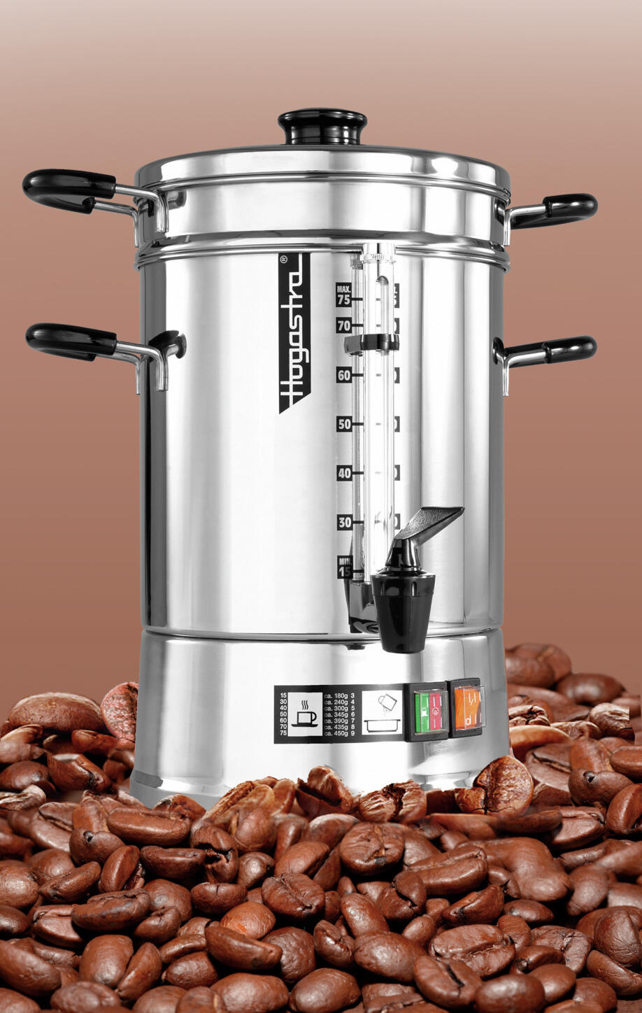 Hogastra CNS-75 Professional Stainless Steel Coffee Brewer, 15-75 Cups, 9.5L Capacity, 1600W with Non-Drip Tap and Permanent Filter, Silver
