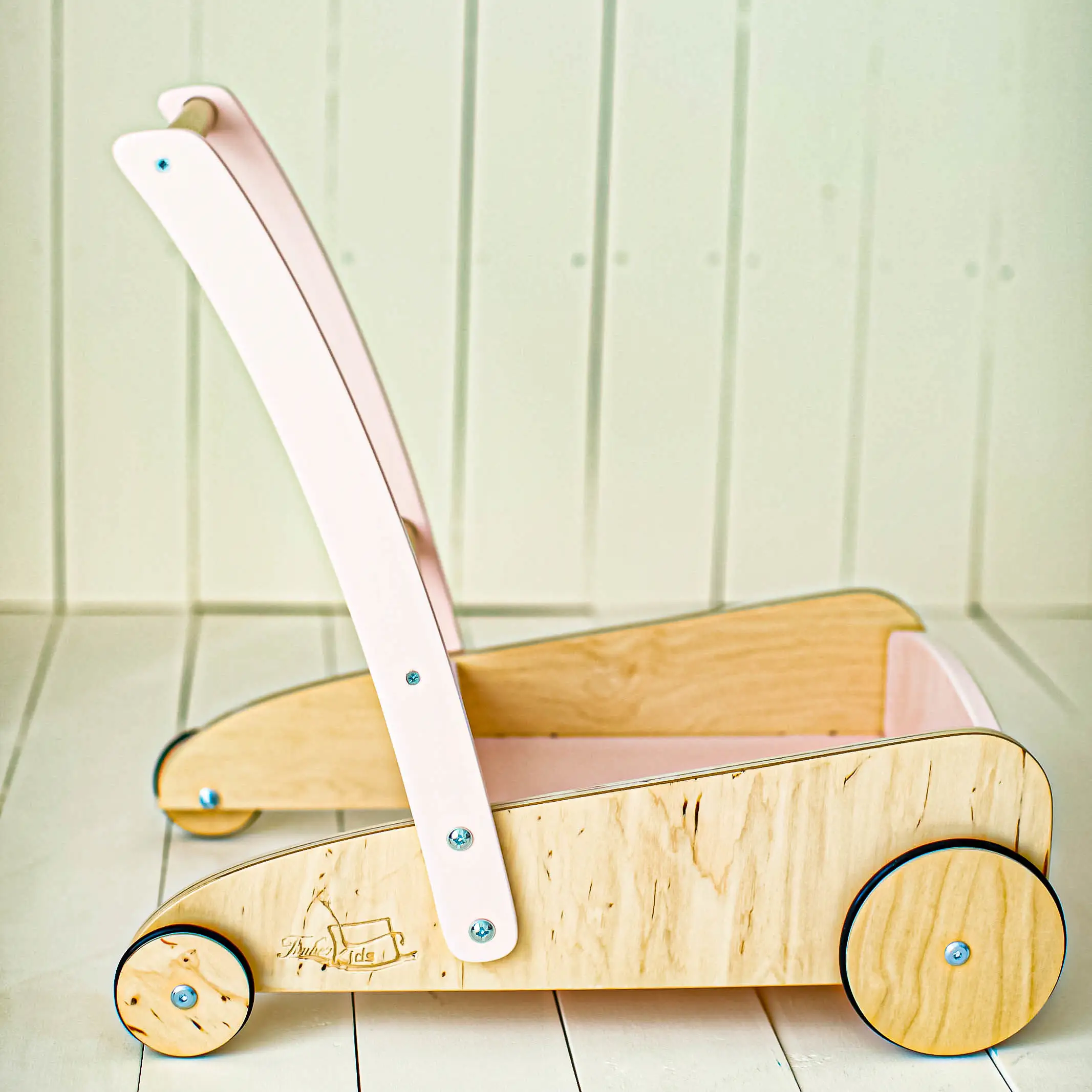 Timberkids Roadster Baby Walker, Natural Wood and Plywood, Eco Water-Based Paint, Silicone Edged Wheels, Ergonomic Handle, 34x50x49 cm