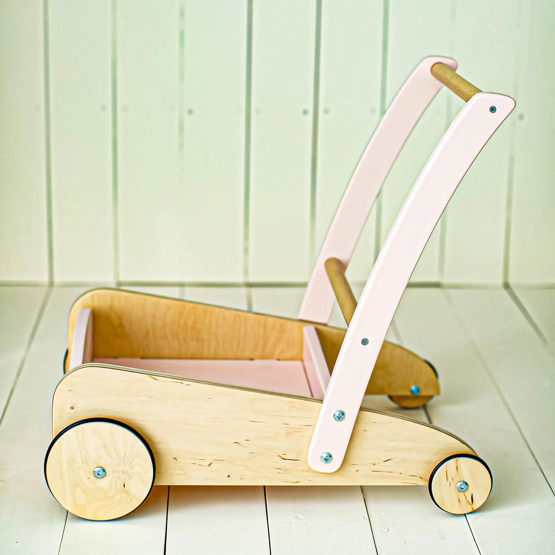 Timberkids Roadster Baby Walker, Natural Wood and Plywood, Eco Water-Based Paint, Silicone Edged Wheels, Ergonomic Handle, 34x50x49 cm