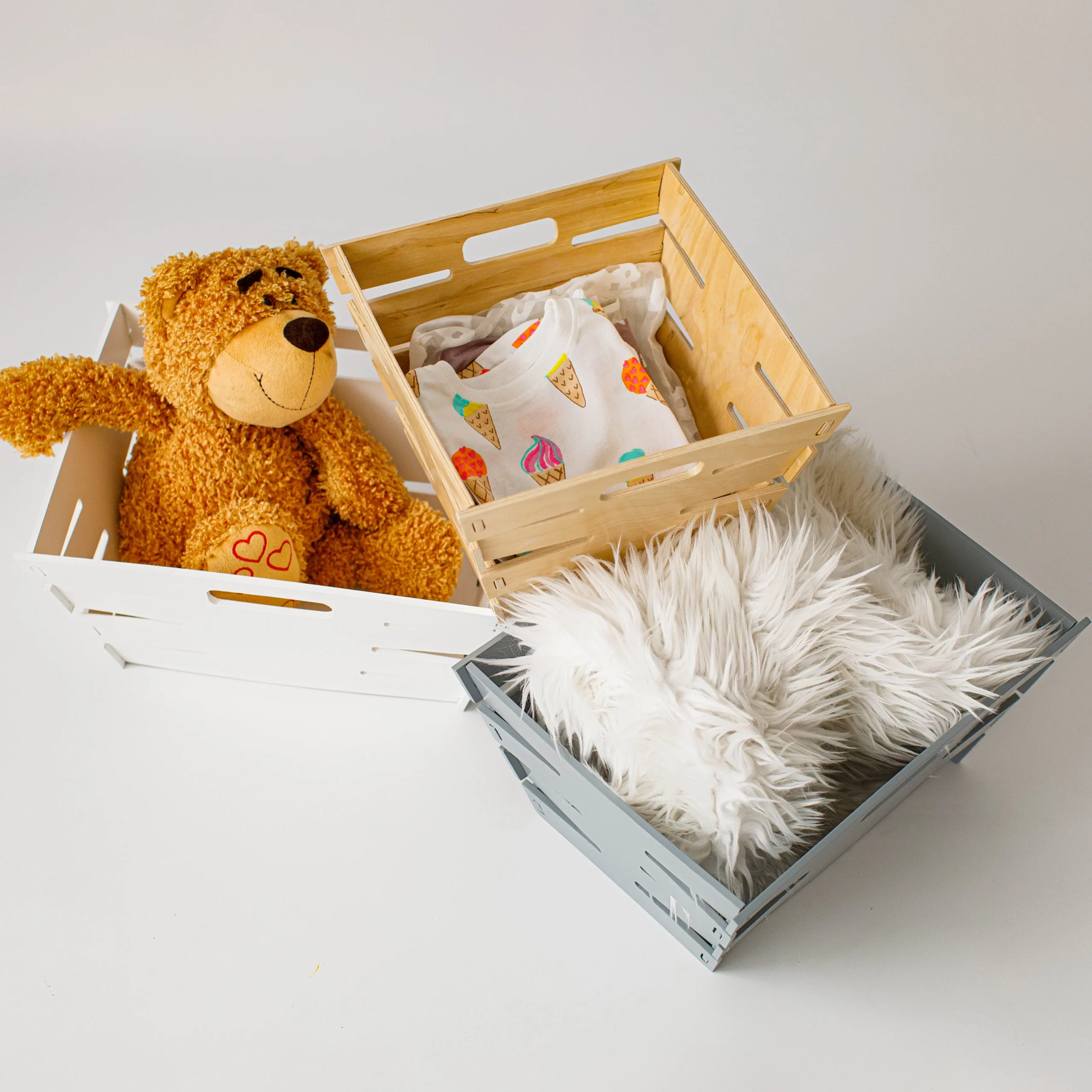 Timberkids Flex Trapezoidal Storage Box for Children's Toys and Clothes, Grey Plywood with Eco Water-Based Paint, 30x30x20 cm, Integrated Handles