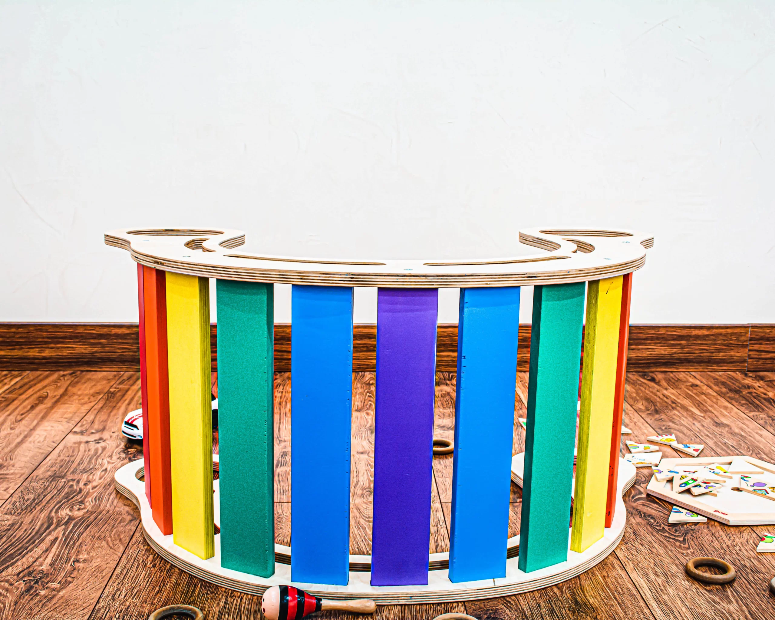Timber Kids Rainbow Mini Rocker, Multifunctional Wooden Balance Board Slide Bridge Chair, Moisture Resistant, Rounded Safety Corners