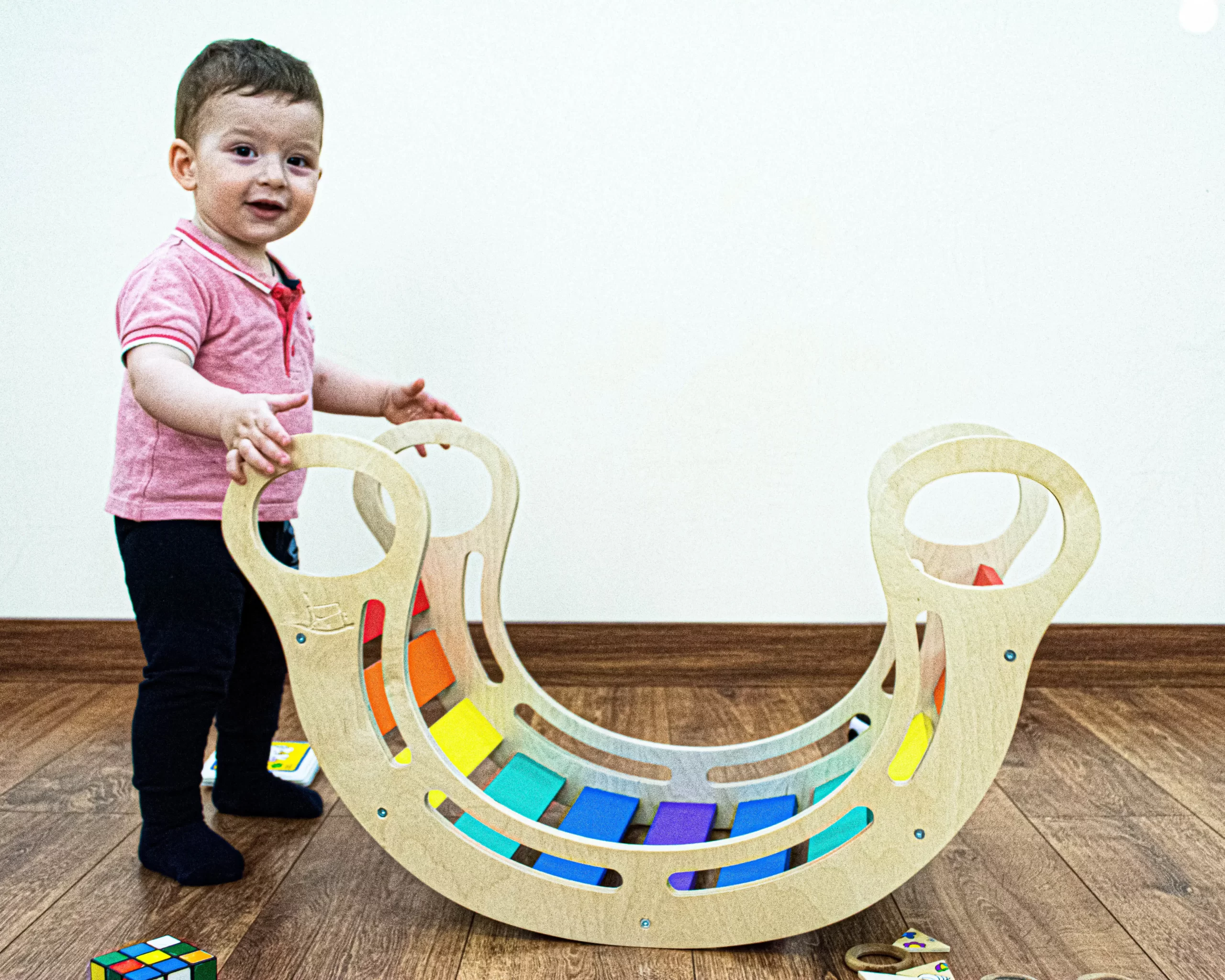 Timber Kids Rainbow Mini Rocker, Multifunctional Wooden Balance Board Slide Bridge Chair, Moisture Resistant, Rounded Safety Corners