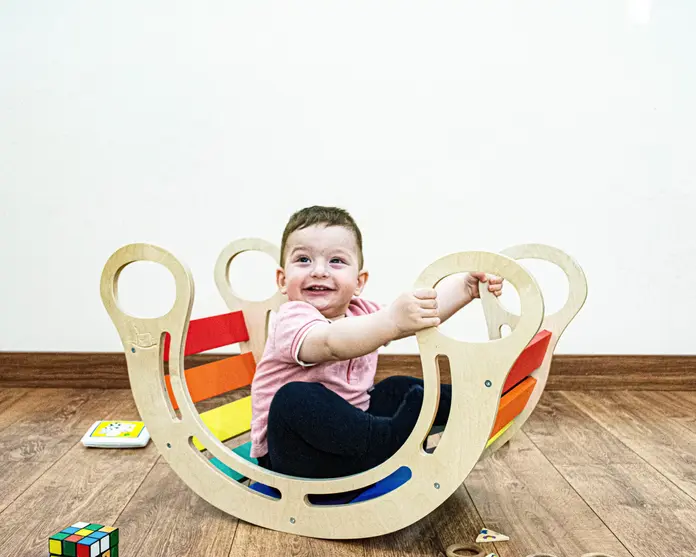 Timber Kids Rainbow Mini Rocker, Multifunctional Wooden Balance Board Slide Bridge Chair, Moisture Resistant, Rounded Safety Corners