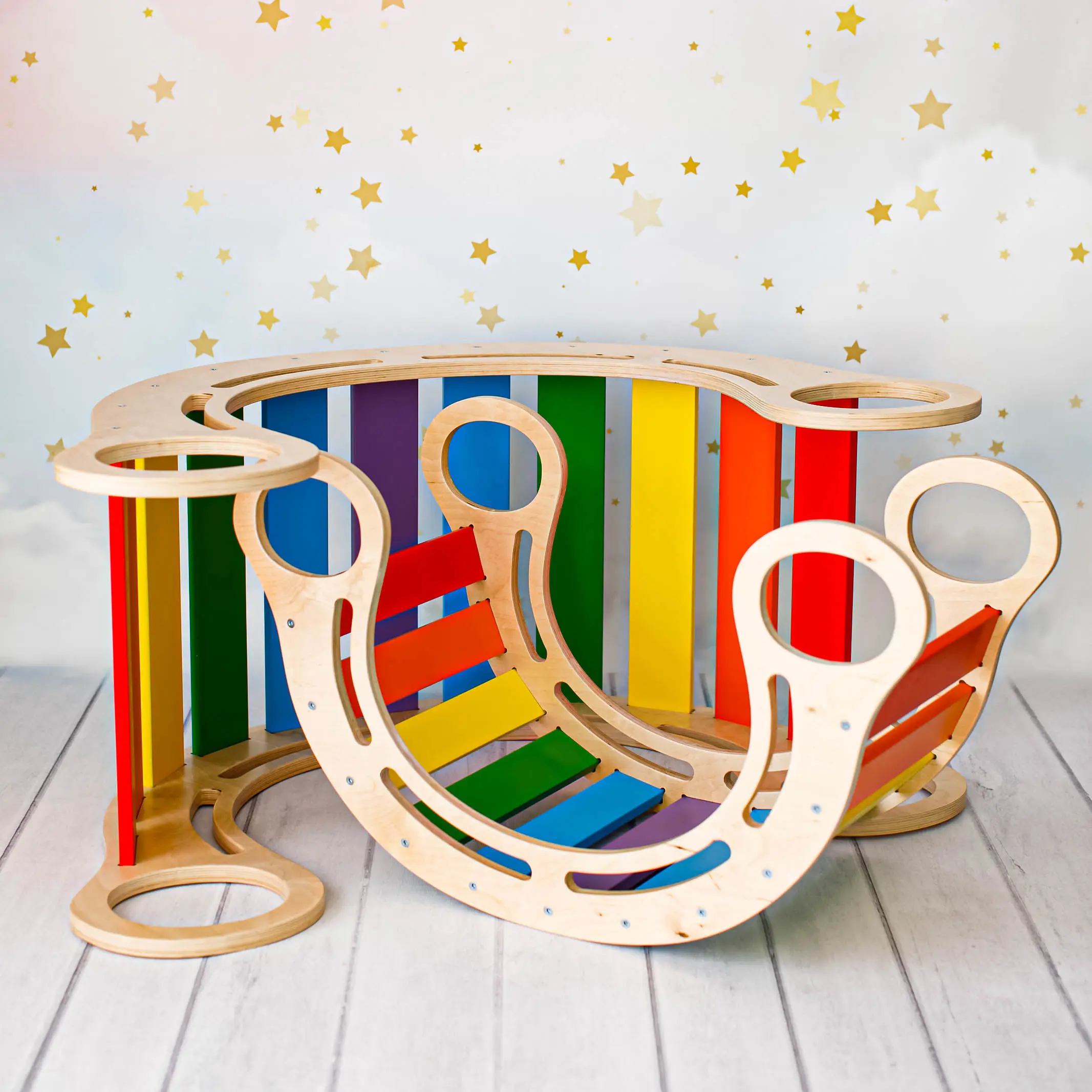 Timber Kids Rainbow Mini Rocker, Multifunctional Wooden Balance Board Slide Bridge Chair, Moisture Resistant, Rounded Safety Corners