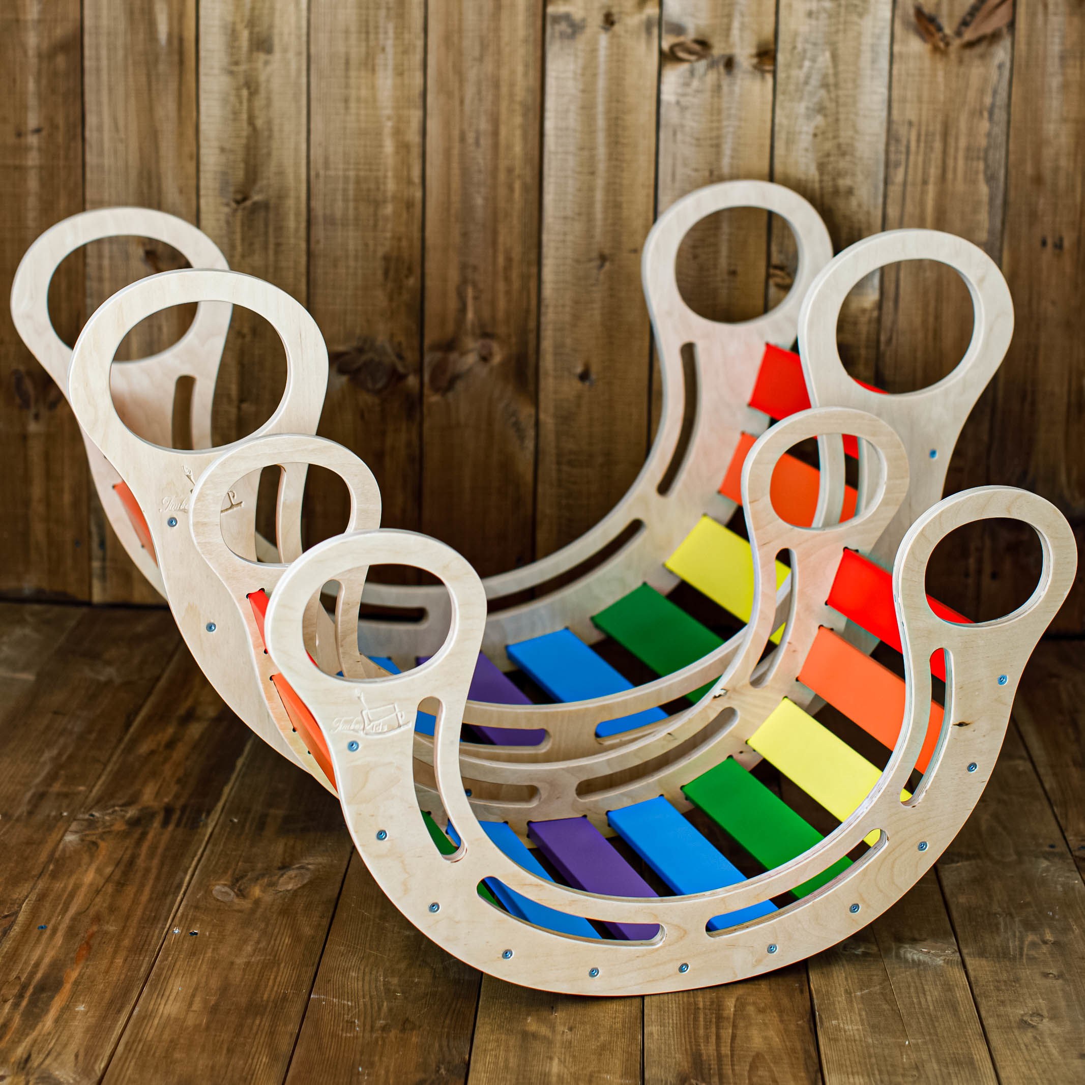 TimberKids Rainbow Rocker Maxi, Balansoar Curcubeu din Lemn Ecologic, Placa de Echilibru Colorata pentru Dezvoltare Motora, Tobogan si Pod