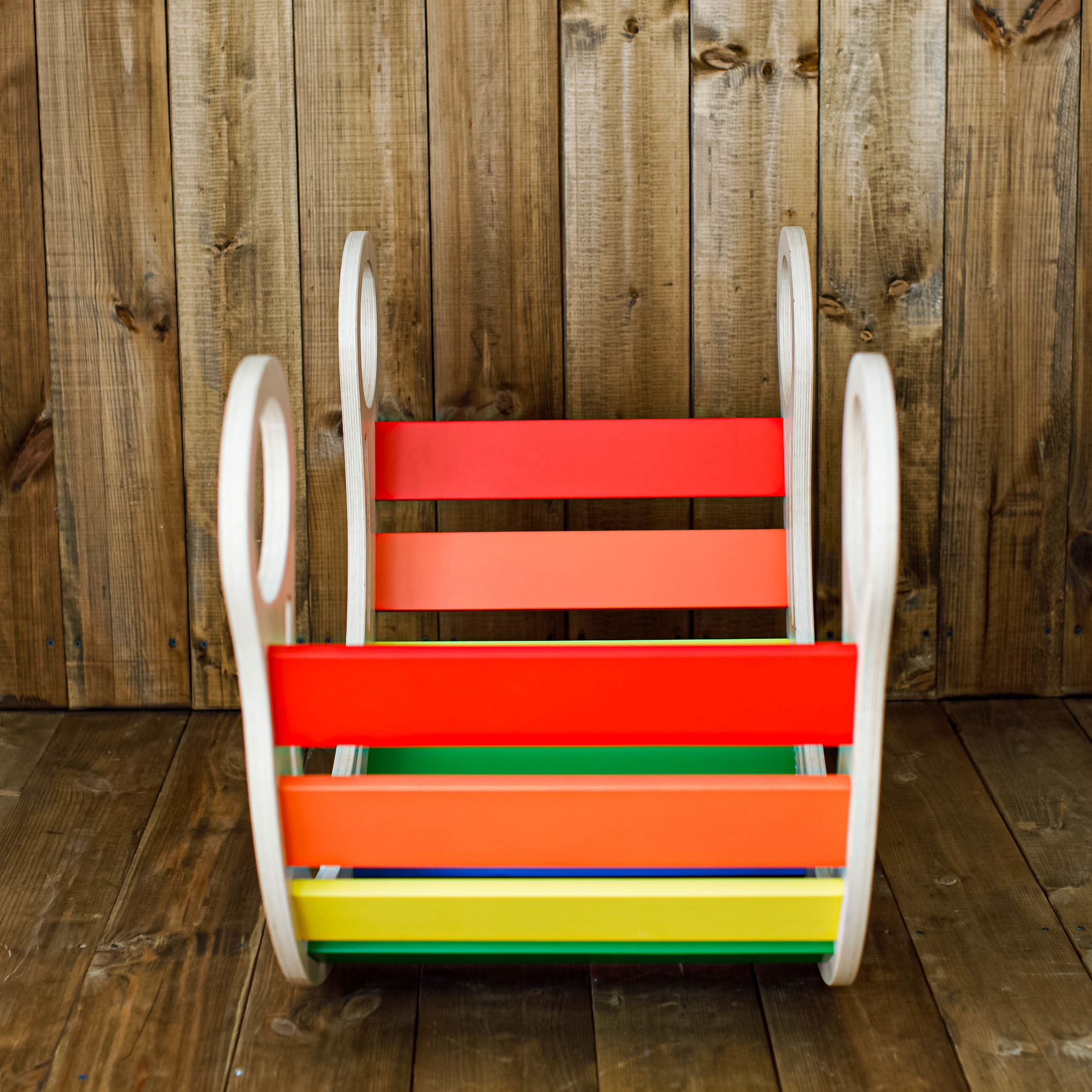 TimberKids Rainbow Rocker Maxi, Balansoar Curcubeu din Lemn Ecologic, Placa de Echilibru Colorata pentru Dezvoltare Motora, Tobogan si Pod