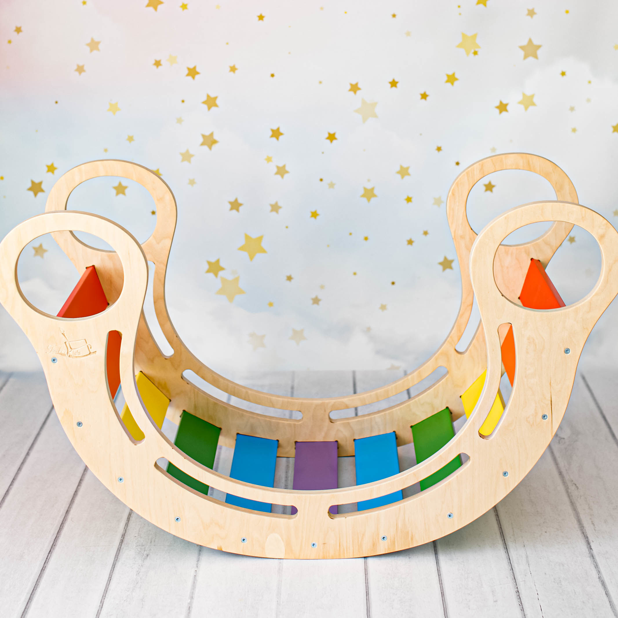 TimberKids Rainbow Rocker Maxi, Balansoar Curcubeu din Lemn Ecologic, Placa de Echilibru Colorata pentru Dezvoltare Motora, Tobogan si Pod