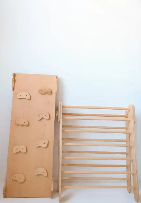 TimberKids Pikler Triangle with Ramp Set of 2 Pieces, Wooden Climbing Frame and Reversible Slide Rock Wall Balance Board, 64x78x68 cm
