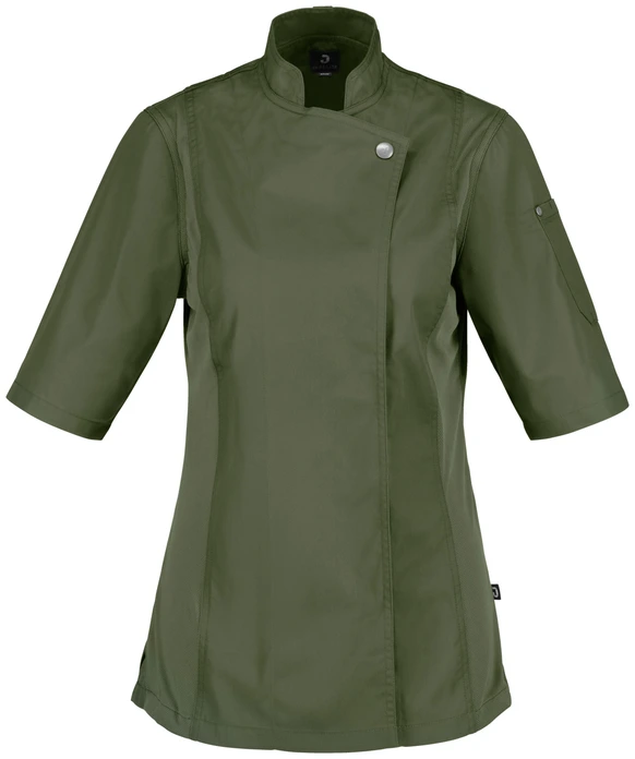 Jacket de Bucatar pentru femei Jobeline Carter i 30040122, Maneca Scurta, Amestec Poliester-Bumbac, Insertii de Plasa Respirabila, Guler Inantic, Culoare: Maslinie