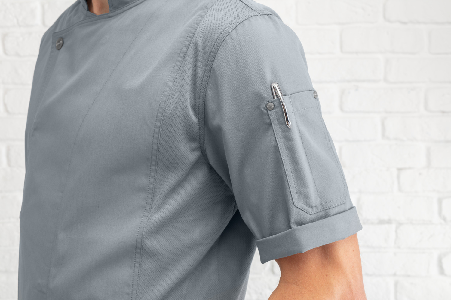 Jobeline Carter Women's Short-Sleeved Chef Jacket, 65% Polyester 35% Cotton, Breathable Mesh Inserts, Waistened Cut, Grey, Size 56