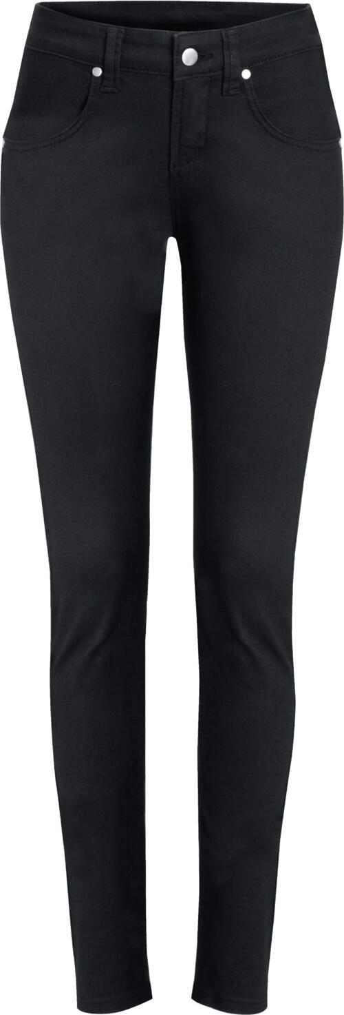 JOBELINE LUSINI Solutions GmbH Women's jeans Dover Damenjeans Dover Women's jeans Dover; Size 42; black Damenjeans Dover; Kleidergröße 42; schwarz 97 % cotton, 3 % spandex. 40 °C wash. Classic, durable women's jeans made of genuine denim with stretch content. Back part with yoke and two patch back pockets. Front part with two round pockets and zipper. At the waistband are sturdy belt loops, the pocket openings are secured with rivets. The easy-care skinny jeans with slim-cut leg and comfortable body height offers maximum wearing comfort. Inside leg length: 78 cm for size 36. 97 % Baumwolle, 3 % Elasthan. 40°-Wäsche. Klassische, strapazierfähige Damenjeanshose aus echtem Denim mit Stretchanteil. Rückenteil mit Passe und zwei aufgesetzten Gesäßtaschen.Vorderteil mit zwei runden Eingriffstaschen und Reißverschluss. Am Bund befinden sich stabile Gürtelschlaufen, die Tascheneingriffe sind mit Nieten gesichert. Die pflegeleichte Skinnyjeans mit schmal geschnittenem Bein und bequemer Leibhöhe bietet höchsten Tragekomfort. Innenbeinlänge: 78 cm in Gr 36.