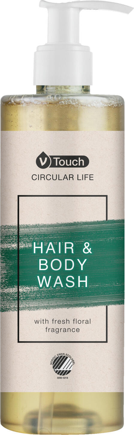 V-Touch LUSINI Solutions GmbH Hotel shampoo and shower gel Circular Life 2 in 1, pump disp Hotel Shampoo und Duschgel Circular Life 2 in 1, Pumpspender Hotel shampoo and shower gel Circular Life 2 in 1, pump dispenser; 380 ml; amber; 18 piece / pack Hotel Shampoo und Duschgel Circular Life 2 in 1, Pumpspender; 380 ml; bernstein; 18 Stück / Pack Sustainable, high-quality hair and body care in one.  The gently cleansing hair and body soap is suitable for all hair and skin types. Awarded the Nordic Swan Ecolabel. A fresh, floral fragrance with a woody note ensures a gentle and relaxing care experience. Dermatologically tested and pH-neutral! The pump dispenser also fulfils high environmental standards: reduces the amount of daily disposable waste.  The use of plastic is also significantly reduced as the plastic is very light and fully recyclable. The entire packaging is 100 % recyclable. Pump dispenser capacity: 380 ml. Order matching holder separately. Nachhaltige, hochwertige Haar- und Körperpflege in einem.  Die sanft reinigende Haar- und Körperseife ist für jeden Haar- und Hauttyp geeignet. Mit dem Nordic Swan Ecolabel ausgezeichnet. Ein frischer, blumiger Duft mit einer holzigen Note sorgt für ein zartes und entspannendes Pflegeerlebnis. Dermatologisch getestet und pH-neutral! Der Pumpspender erfüllt auch hohe Umweltstandards: reduziert die Menge des täglichen Einwegabfalls.  Auch die Verwendung von Kunststoff wird deutlich reduziert, da der Kunststoff sehr leicht und vollständig recycelbar ist. Die gesamte Verpackung ist zu 100 % recycelbar. Pumpspender Inhalt: 380 ml. Passende Halterung separat dazu bestellen.