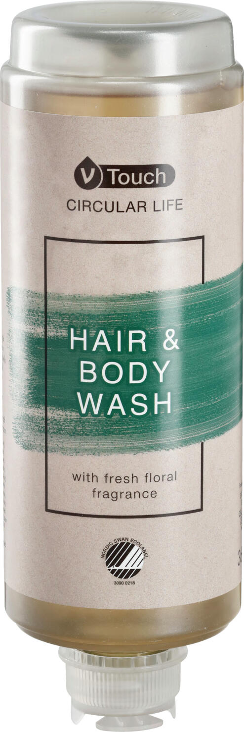V-Touch LUSINI Solutions GmbH Hotel shampoo and shower gel Circular Life 2 in 1 in dispens Hotel Shampoo und Duschgel Circular Life 2 in 1 im Spendersy Hotel shampoo and shower gel Circular Life 2 in 1 in dispenser system; 360 ml; transparent; 18 piece / pack Hotel Shampoo und Duschgel Circular Life 2 in 1 im Spendersystem; 360 ml; transparent; 18 Stück / Pack Sustainable, high-quality hair and body care in one.  The gently cleansing hair and body soap is suitable for all hair and skin types. Awarded the Nordic Swan Ecolabel. A fresh, floral fragrance with a woody note ensures a gentle and relaxing care experience. Dermatologically tested and pH-neutral. The dispenser system also meets high environmental standards: reduces the amount of daily disposable waste.  The use of plastic is also significantly reduced, as the plastic is very light and fully recyclable. The entire packaging is 100% recyclable. Dispenser bottle capacity: 360 ml. Order matching holder separately. Nachhaltige, hochwertige Haar- und Körperpflege in einem.  Die sanft reinigende Haar- und Körperseife ist für jeden Haar- und Hauttyp geeignet. Mit dem Nordic Swan Ecolabel ausgezeichnet. Ein frischer, blumiger Duft mit einer holzigen Note sorgt für ein zartes und entspannendes Pflegeerlebnis. Dermatologisch getestet und pH-neutral! Das Spendersystem erfüllt auch hohe Umweltstandards: reduziert die Menge des täglichen Einwegabfalls.  Auch die Verwendung von Kunststoff wird deutlich reduziert, da der Kunststoff sehr leicht und vollständig recycelbar ist. Die gesamte Verpackung ist zu 100 % recycelbar. Spenderflasche Inhalt: 360 ml. Passende Halterung separat dazu bestellen.