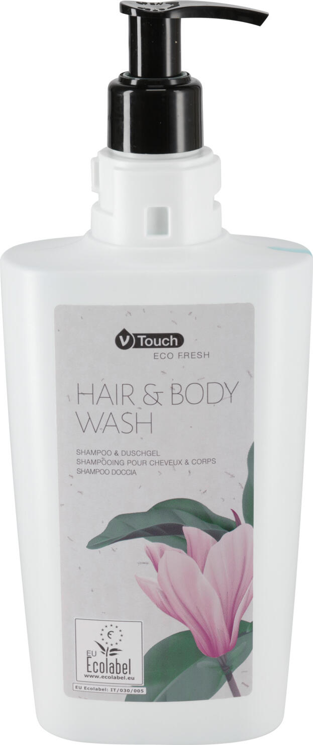 V-Touch LUSINI Solutions GmbH Hotel shampoo and shower gel Eco Fresh 2 in 1 Hotel Shampoo und Duschgel Eco Fresh 2 in 1 Hotel shampoo and shower gel Eco Fresh 2 in 1; 400 ml; light-blue; 24 piece / pack Hotel Shampoo und Duschgel Eco Fresh 2 in 1; 400 ml; hellblau; 24 Stück / Pack Sustainable, practical and convenient at the same time: fine hair and body care in one. The gently cleansing hair and body gel is suitable for all hair and skin types. The EU Ecolabel is the ecological quality mark of the European Union and recognises products that guarantee high performance standards but are characterised by a lower environmental impact throughout their life cycle. Dermatologically tested and pH-neutral! The refillable pump dispenser is made from 100% recycled material and can either be used as a free-standing dispenser or hung in the matching Uranus wall bracket. Order matching holder separately.  Contents: 400 ml This product from the Ecolabel-certified V-Touch Eco Fresh series can be personalised - with individual labels from 500 units upwards. Nachhaltig, praktisch und bequem zugleich: Feine Haar- und Körperpflege in einem. Das sanft reinigende Haar- und Körpergel ist für jeden Haar- und Hauttyp geeignet. Das EU-Umweltzeichen ist das ökologische Qualitätszeichen der Europäischen Union und zeichnet Produkte aus, die zwar hohe Leistungsstandards garantieren, sich aber während ihres gesamten Lebenszyklus durch geringere Umweltauswirkungen auszeichnen. Dermatologisch getestet und pH-neutral! Der nachfüllbare Pumpspender ist 100 % recyceltem Material und kann entweder  frei stehen oder in die passende Wandhalterung Uranus eingehängt werden. Passende Halterung separat dazu bestellen.  Inhalt: 400 ml Dieses Produkt der Ecolabel-zertifizierte V?Touch Eco Fresh Serie ist personalisierbar – mit individuellem Etikett ab 500 Stück