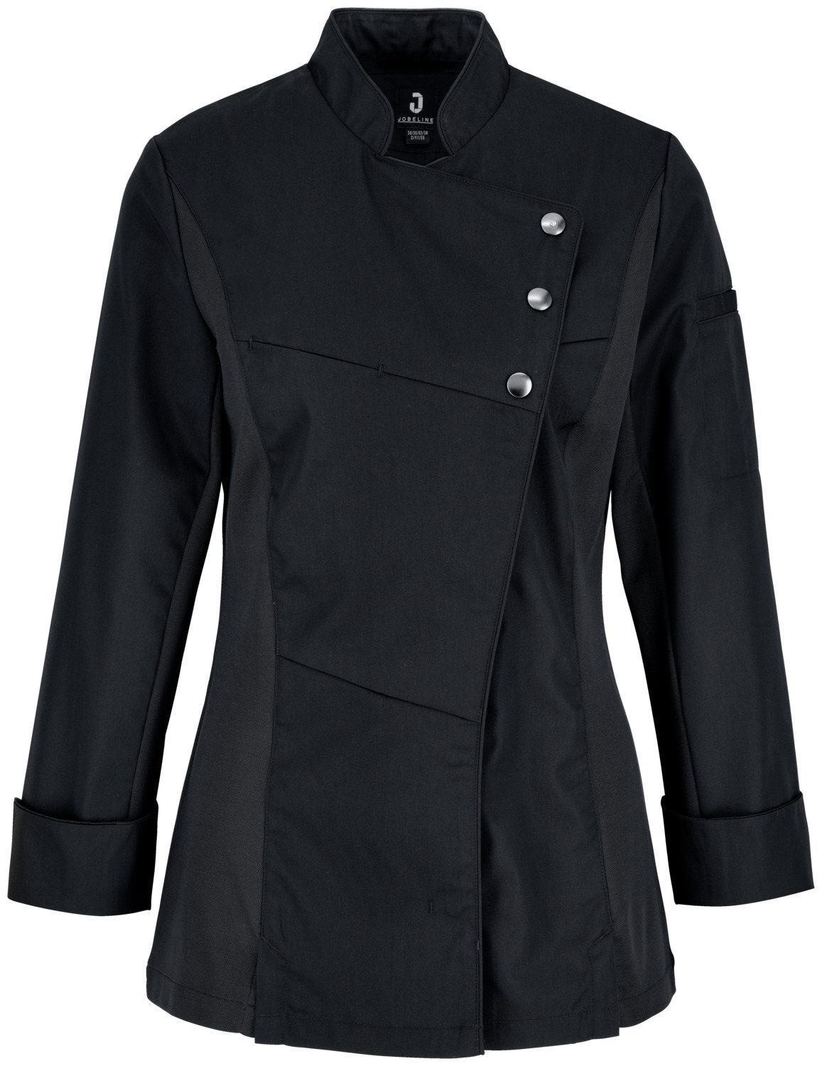 JOBELINE LUSINI Solutions GmbH Women's chef's jacket Lewis long-sleeved Damen Kochjacke Lewis Langarm Women's chef's jacket Lewis long-sleeved; Size 50; black Damen Kochjacke Lewis Langarm; Kleidergröße 50; schwarz 65% polyester, 35% cotton. 150 g/m². 60°C wash Elegant long-sleeved women's chef jacket made from an extra-light and breathable fabric, with piping around the front and collar. Particularly breathable and comfortable thanks to opaque and elastic piqué inserts on the sides and undersleeves. With a short, classic stand-up collar, snap button fastening and a two-part upper arm pocket. With an inset seam pocket on the chest and a practical bib apron loop in the neck. The sleeves are finished with a classic turn-up cuff. Slightly tailored cut. Back length: 68 cm for size 36. 65 % Polyester, 35 % Baumwolle. 150 g/m². 60°-Wäsche Elegante langärmlige Damenkochjacke aus einem extraleichten und atmungsaktiven Gewebe, mit umlaufendem Paspel in der Front und am Kragen. Besonders atmungsaktiv und bequem durch blickdichte und elastische Piqué-Einsätze an den Seiten und den Unterärmeln. Mit einem kurzen klassischen Stehkragen, Druckknopfverschluss, sowie einer zweigeteilten Oberarmtasche. Mit einer eingelassenen Nahttasche auf der Brust und praktischer Latzschürzenschlaufe im Nacken. Den Ärmelabschluss bildet eine klassische Umschlagmanschette. Leicht tailliert geschnitten. Rückenlänge: 68 cm in Gr. 36