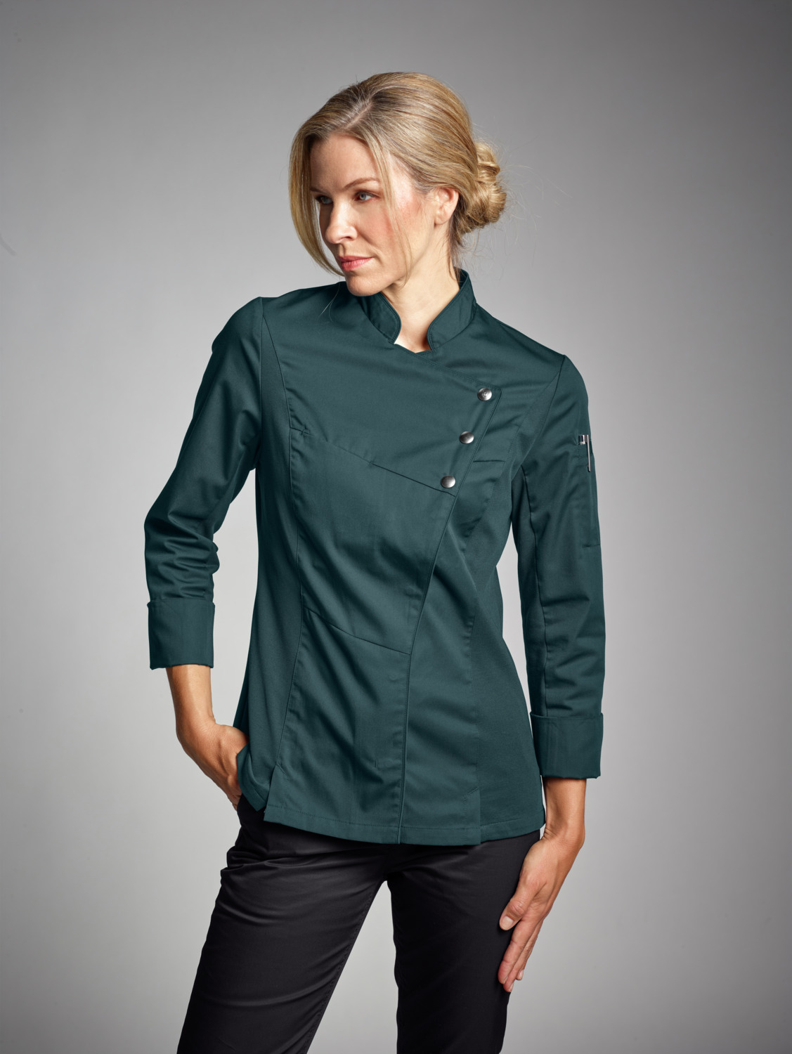 Jobeline Lewis Women's Chef Jacket, Petrol Green, Size 40, Long-Sleeved, 65% Polyester 35% Cotton, Snap Button Fastening, Piqué Inserts, Tailored Fit
