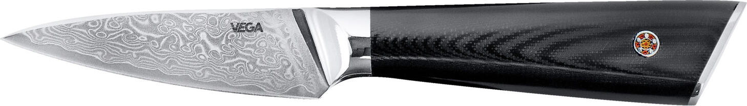 VEGA LUSINI Solutions GmbH Peeling knife Aurora Schälmesser Aurora Peeling knife Aurora; Blade length 9 cm, 20.5 cm (L); black Schälmesser Aurora; Klingenlänge 9 cm, 20.5 cm (L); schwarz High-quality paring knife with extremely sharp Damascus steel blade consisting of 67 layers. Perfect 15 ° angle blade double-sided. Ergonomic handle made of G10 material. Very hard 9 cm long blade with high edge retention. Hochwertiges Schälmesser mit extrem scharfer Klinge aus Damaszener Stahl bestehend aus 67 Schichten. Perfekte 15° Winkel-Klinge doppelseitig. Ergonomischer Griff aus G10 Material. Sehr harte 9 cm lange Klinge mit hoher Schnitthaltigkeit.