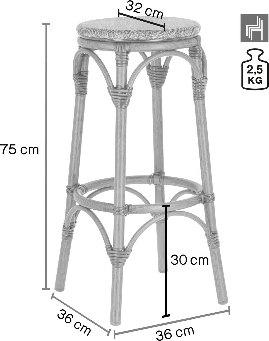 Set de 2 scaune bar exterioare VEGA Rimalia, cadru aluminiu vopsit electrostatic, scaun din material sintetic, stivuibile, rezistente la intemperii, 36x36x76 cm