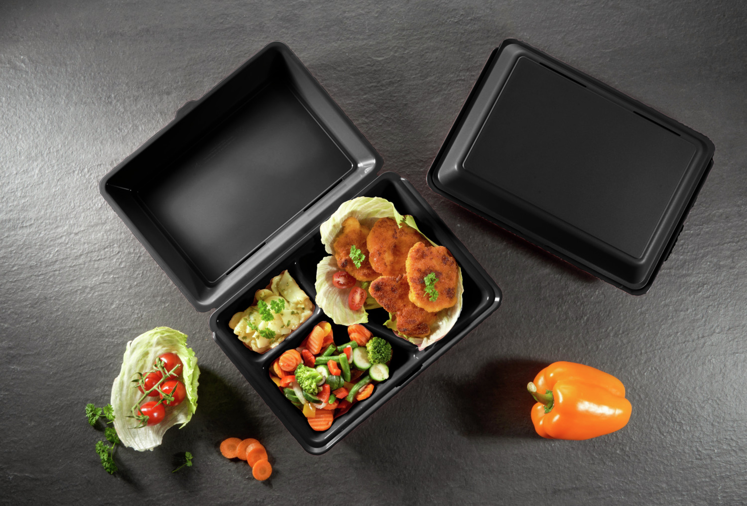 elasto REuse Hotaka Reusable Menu Box, 3 Compartments, 800 ml, Polypropylene, Microwave and Dishwasher Safe, Black, Set of 18 Pieces