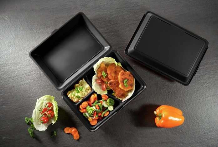 elasto REuse Hotaka Reusable Menu Box, 3 Compartments, 800 ml, Polypropylene, Microwave and Dishwasher Safe, Black, Set of 18 Pieces